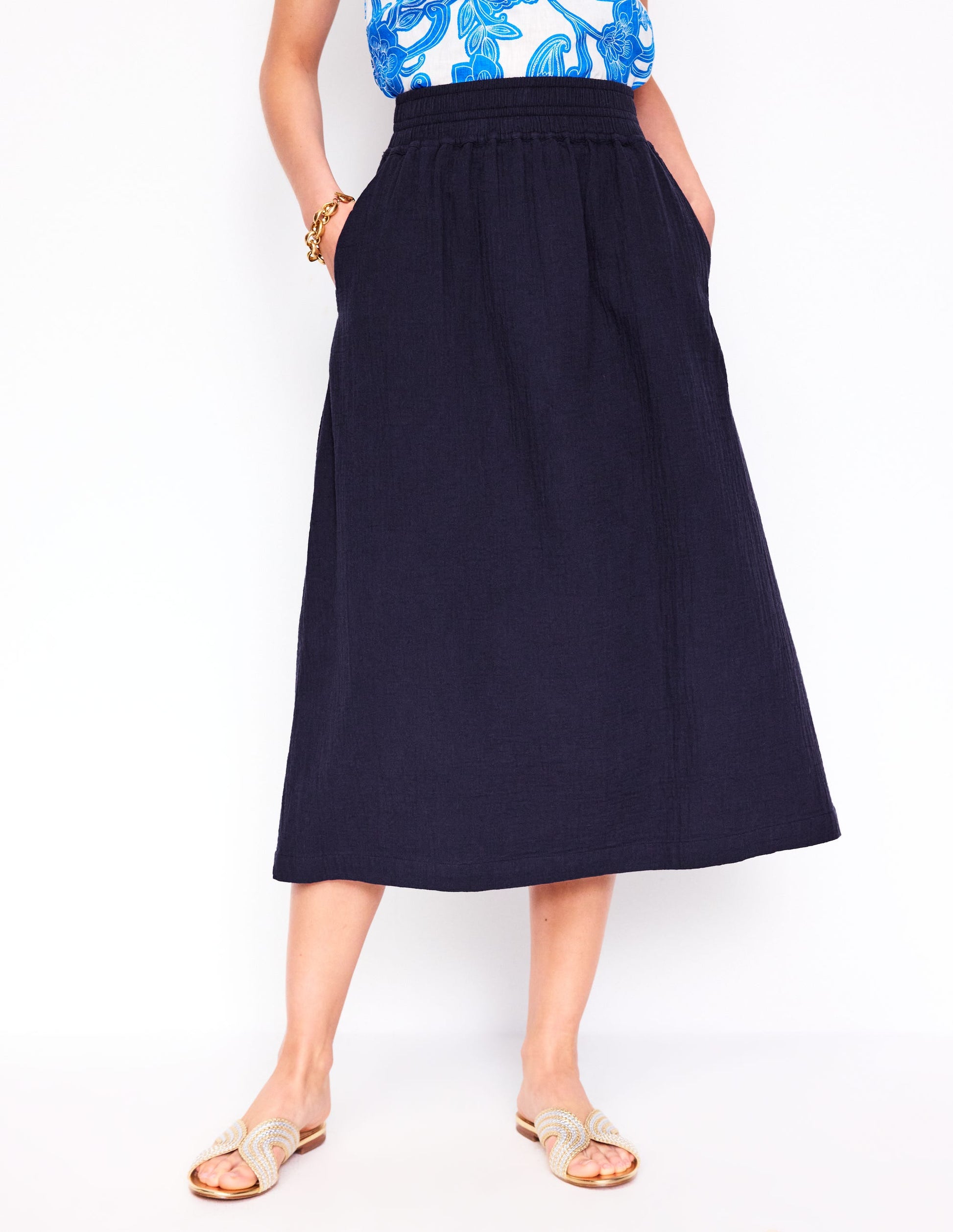 Double Cloth Smocked Skirt-Navy-4