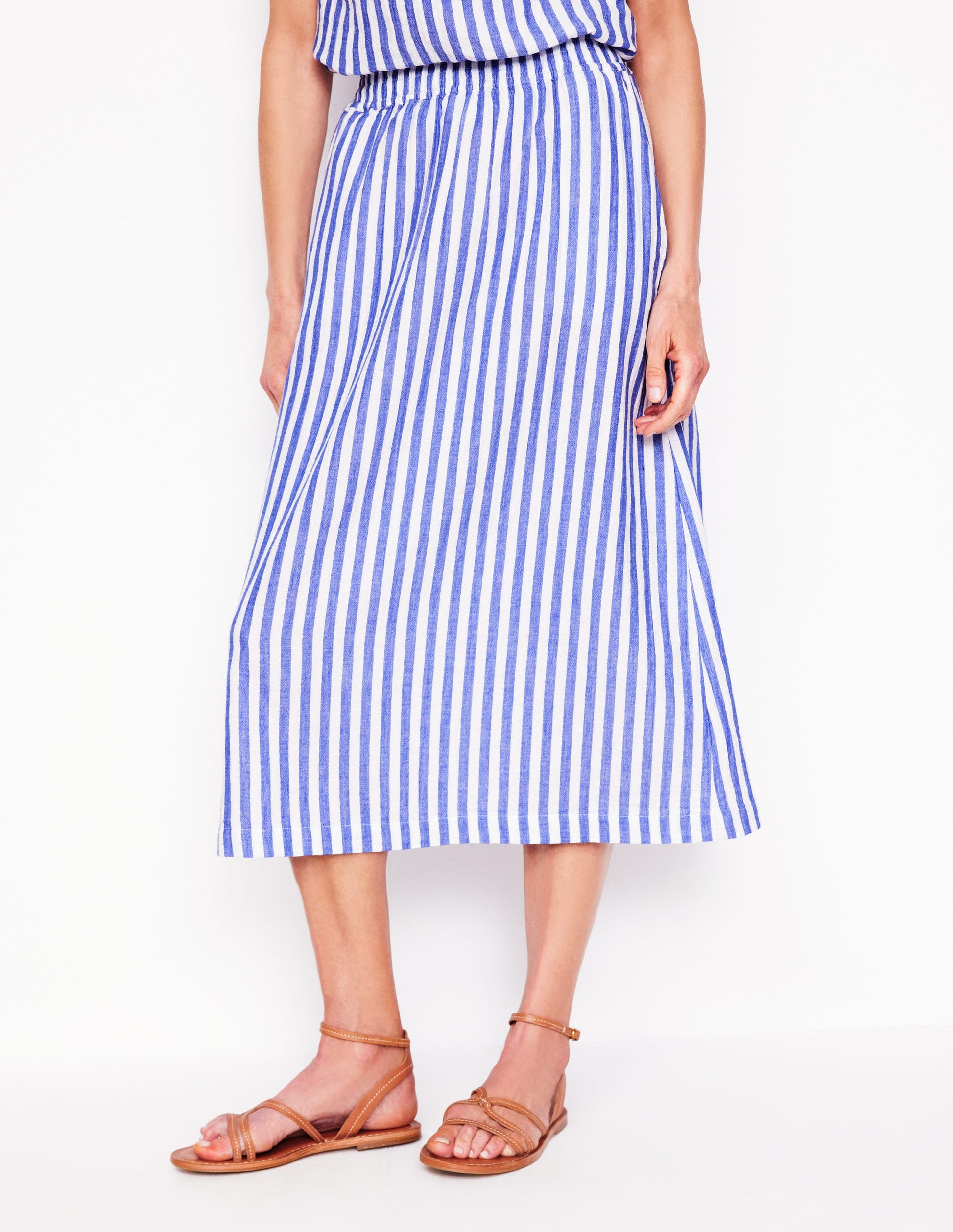 Double Cloth Smocked Skirt-Bright Blue Stripe-4