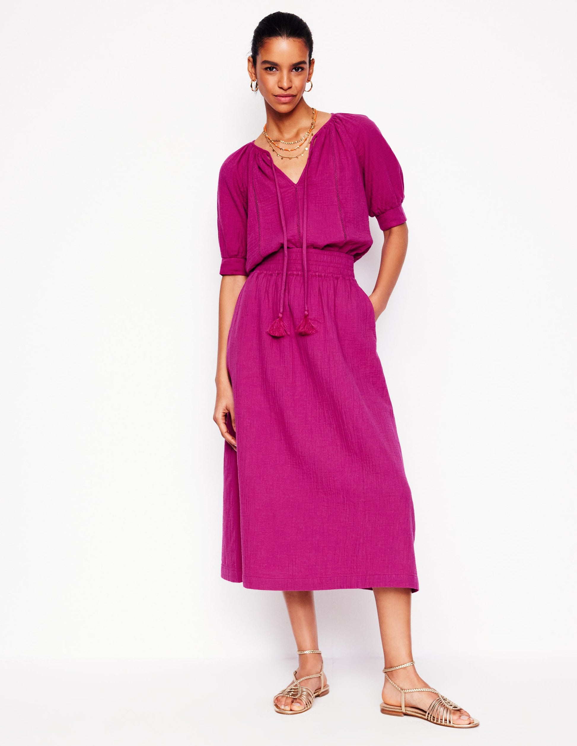 Double Cloth Smocked Skirt-Fuchsia-1