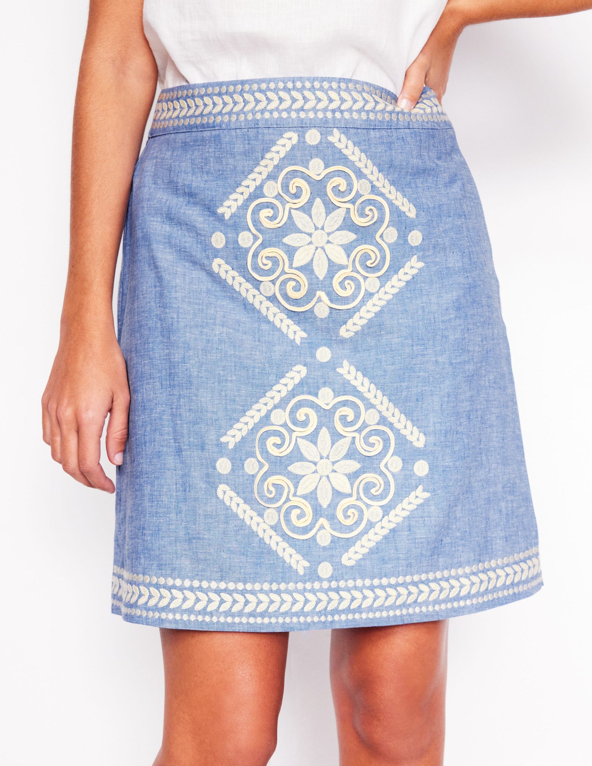 Aline Embroidered Linen Skirt-Grey Blue Chambray-6