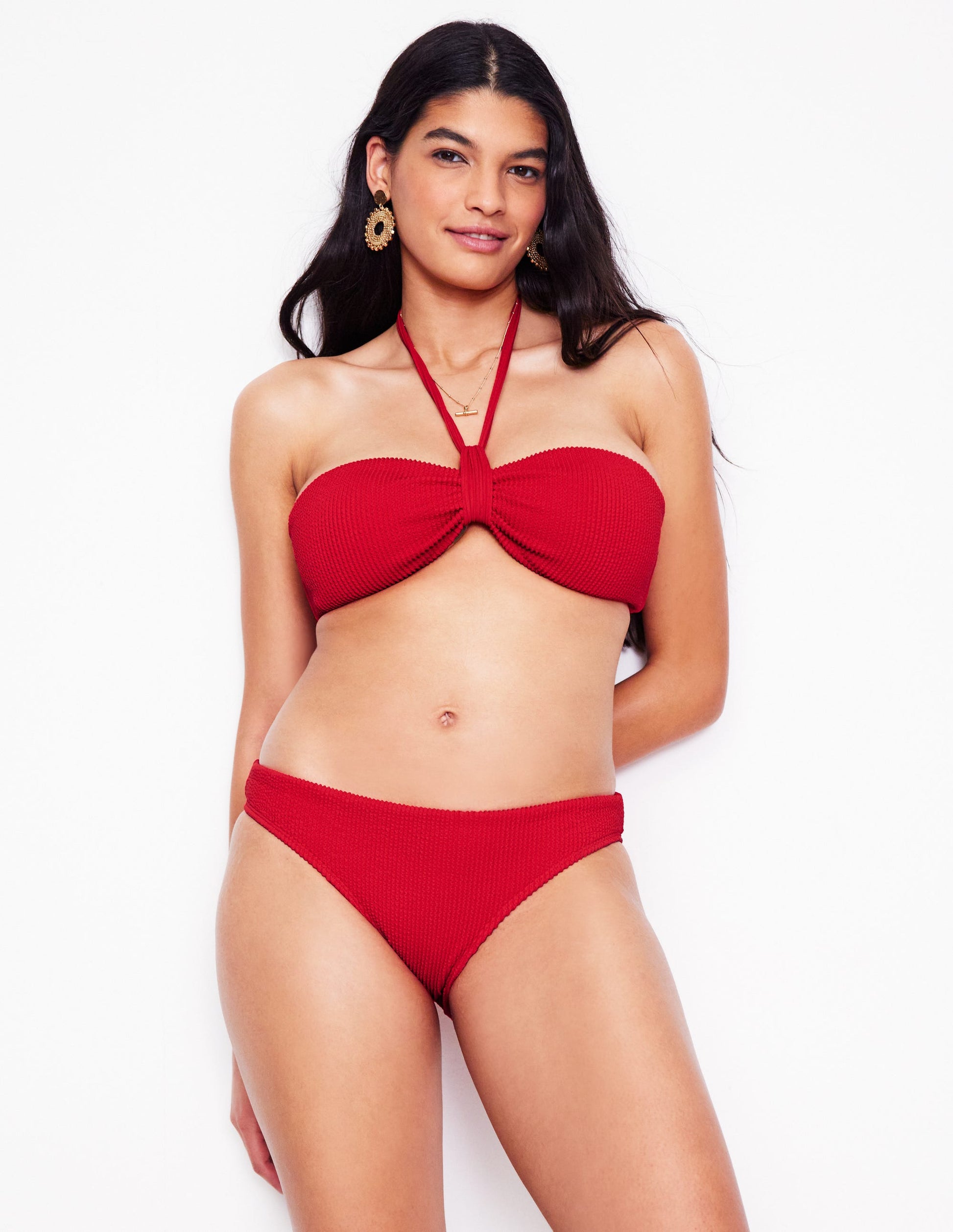 Crinkle Texture Bikini Bottoms-Tulip Red-2