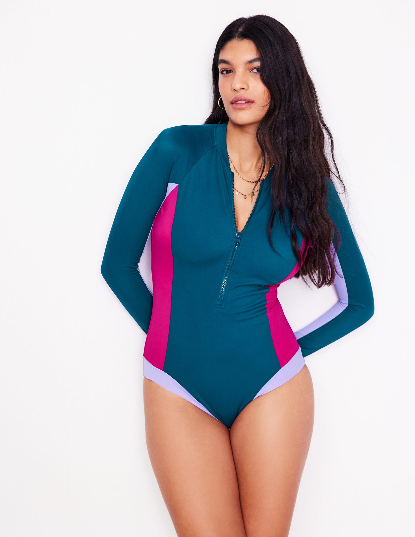 Sporty Raglan Sleeve Swimsuit-Oceanside Blue
