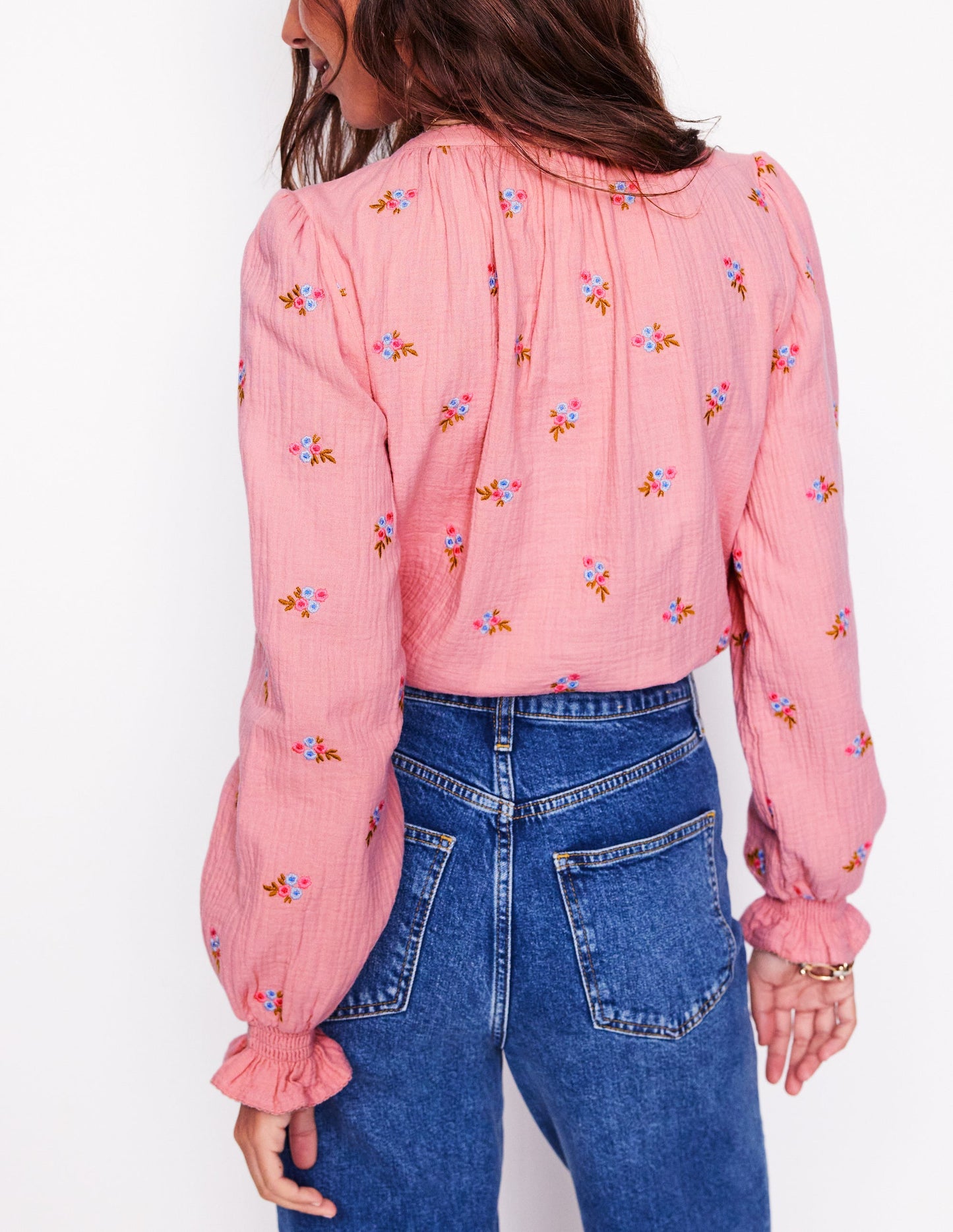 Evie Double Cloth Top-Almond Pink, Floral Embroidery