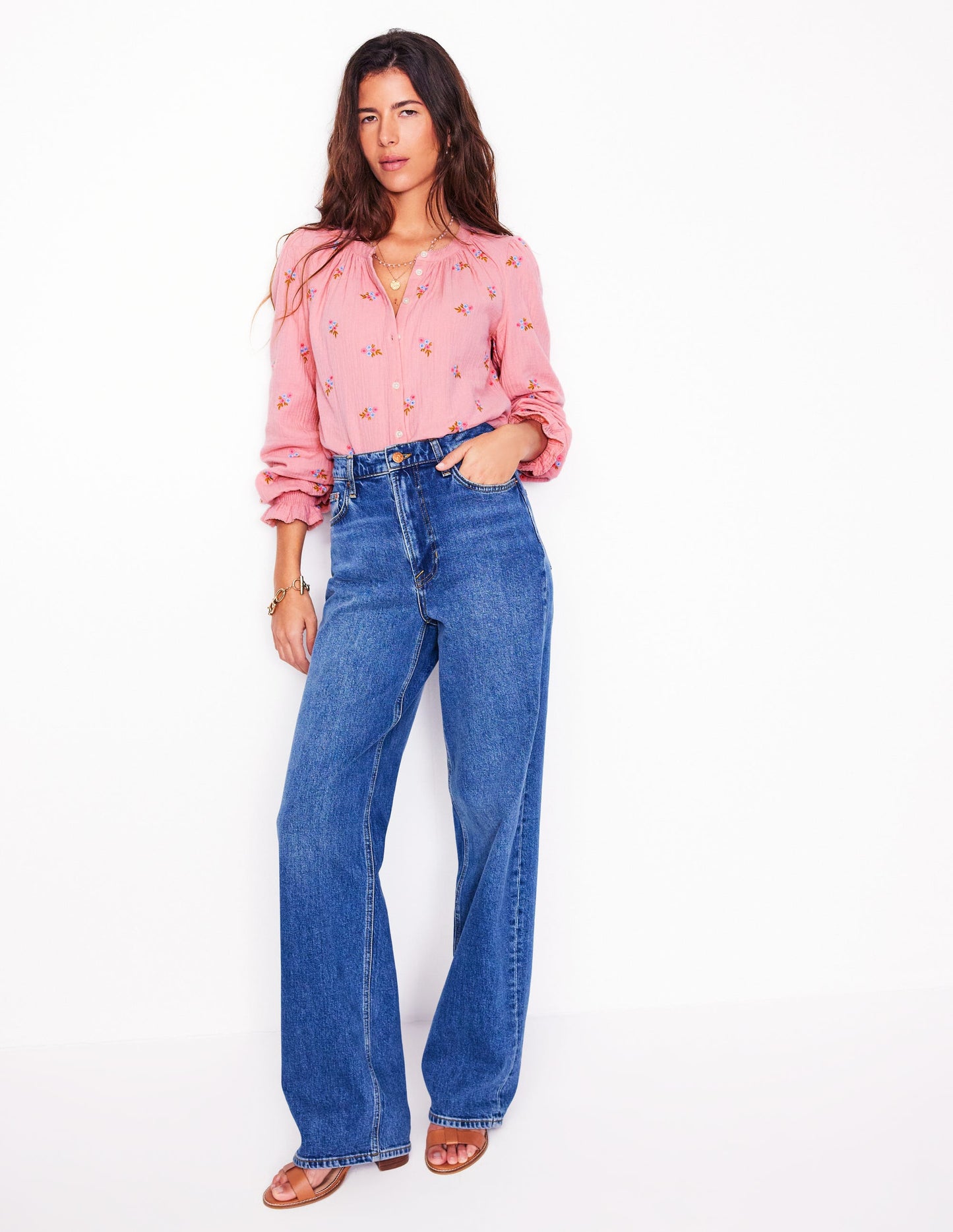 Evie Double Cloth Top-Almond Pink, Floral Embroidery