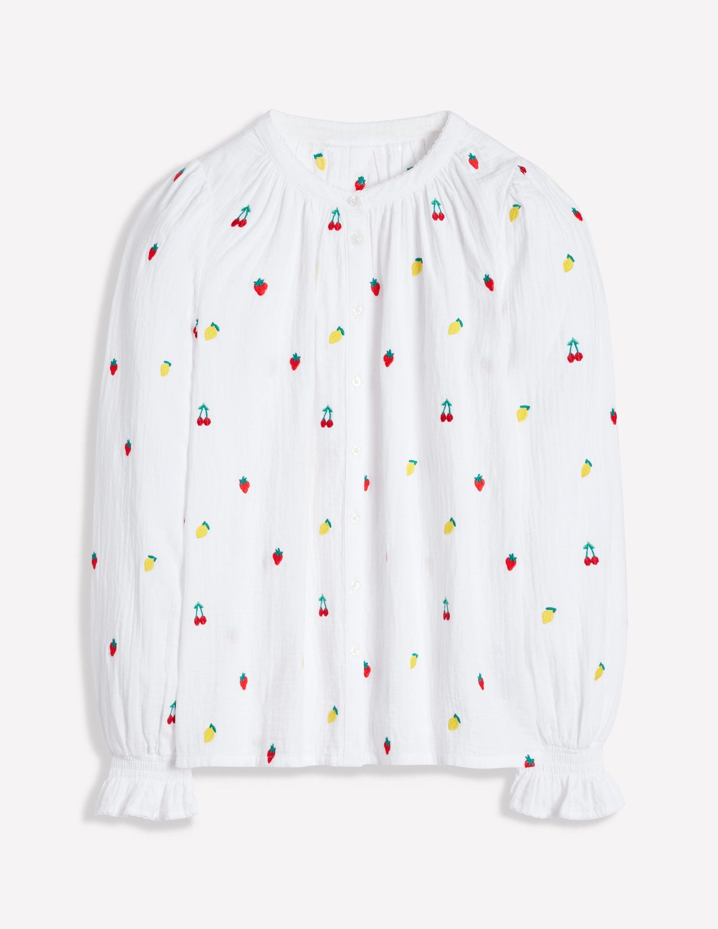 Evie Double Cloth Top-White, Embroidered Fruit