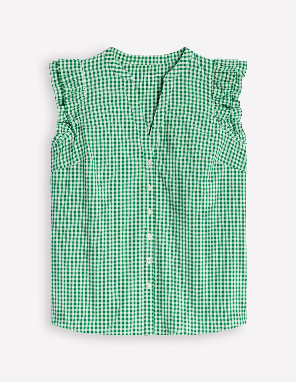 Frill Sleeve Seersucker Top-Rich Emerald Micro Gingham