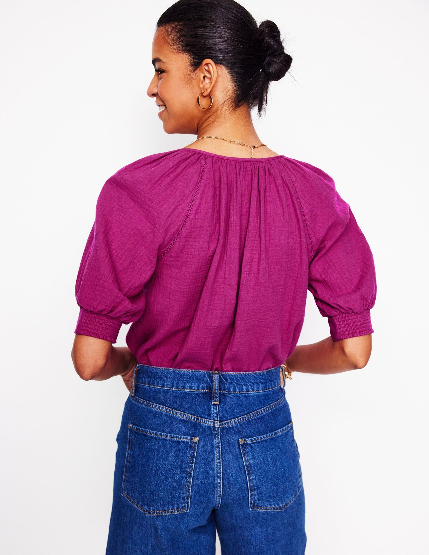 Trim Insert Double Cloth Top-Fuschia