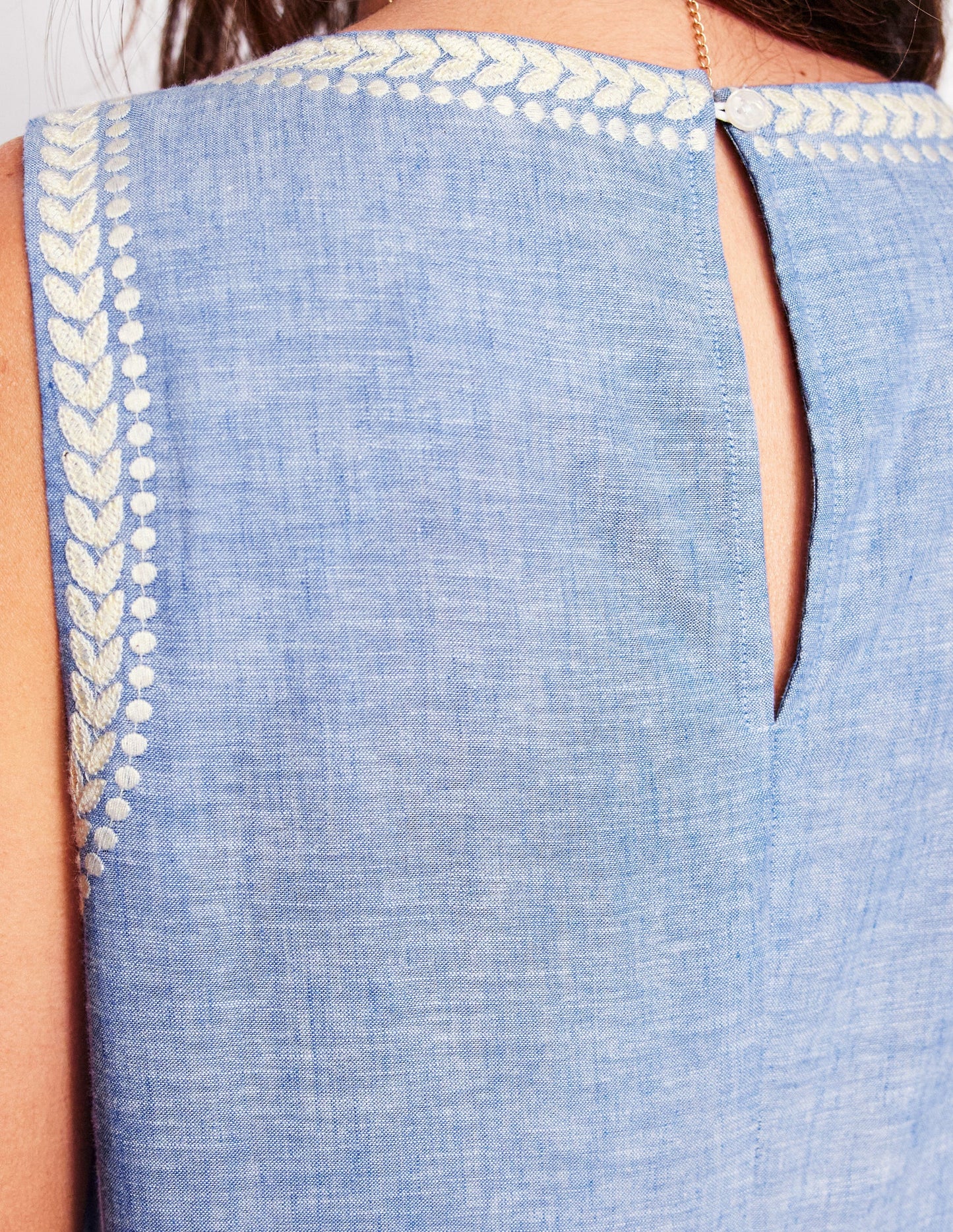 Embroidered Linen Blend Top-Chambray