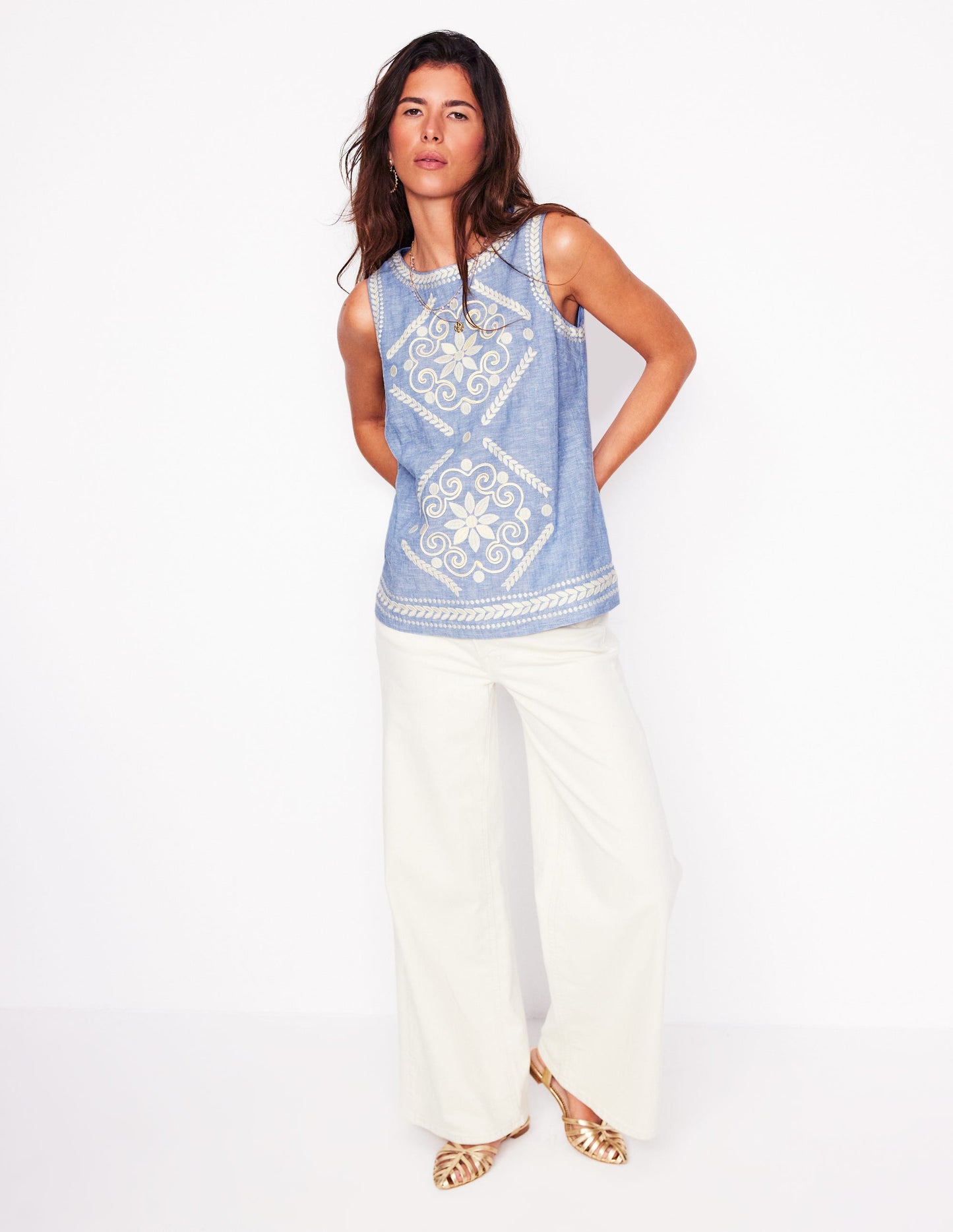 Embroidered Linen Blend Top-Chambray