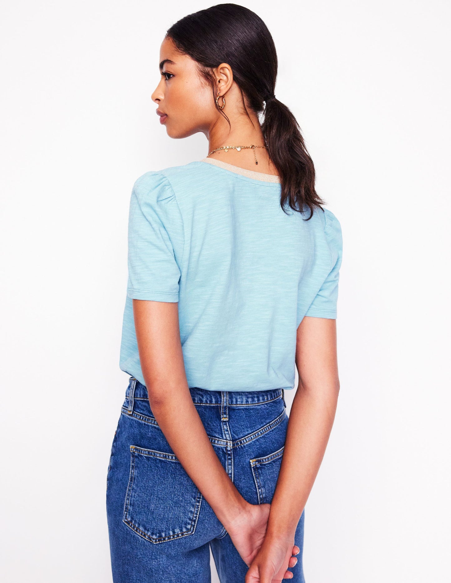 Metallic Trim V Neck T-shirt-Soft Blue