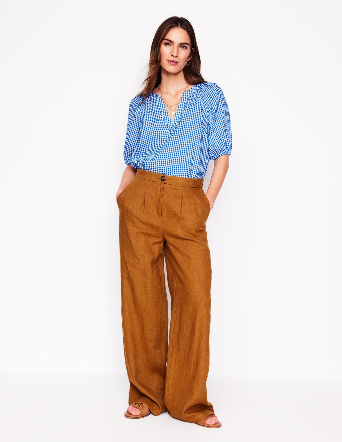 Brooke Linen Top-Kingfisher Blue Micro Gingham