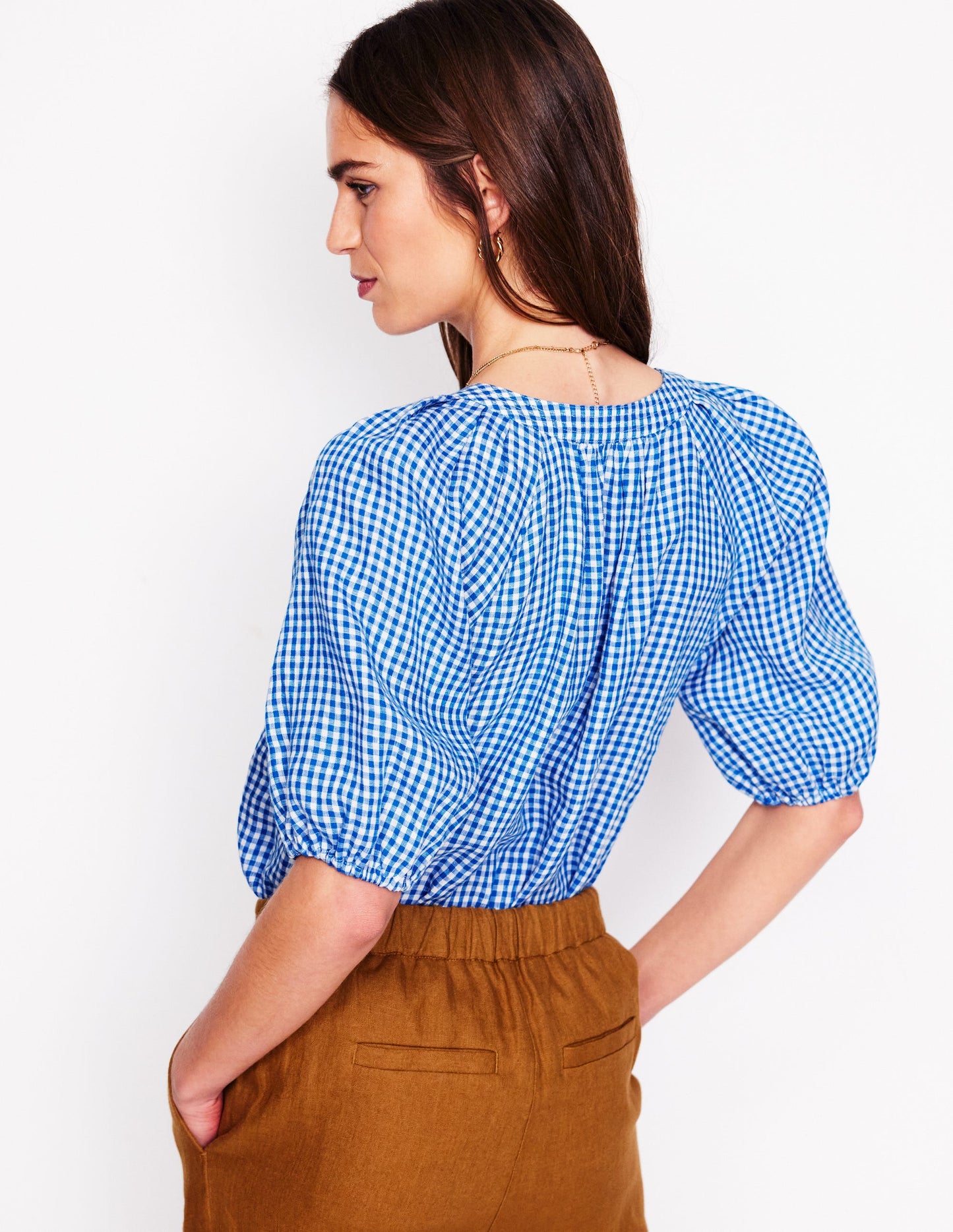 Brooke Linen Top-Kingfisher Blue Micro Gingham