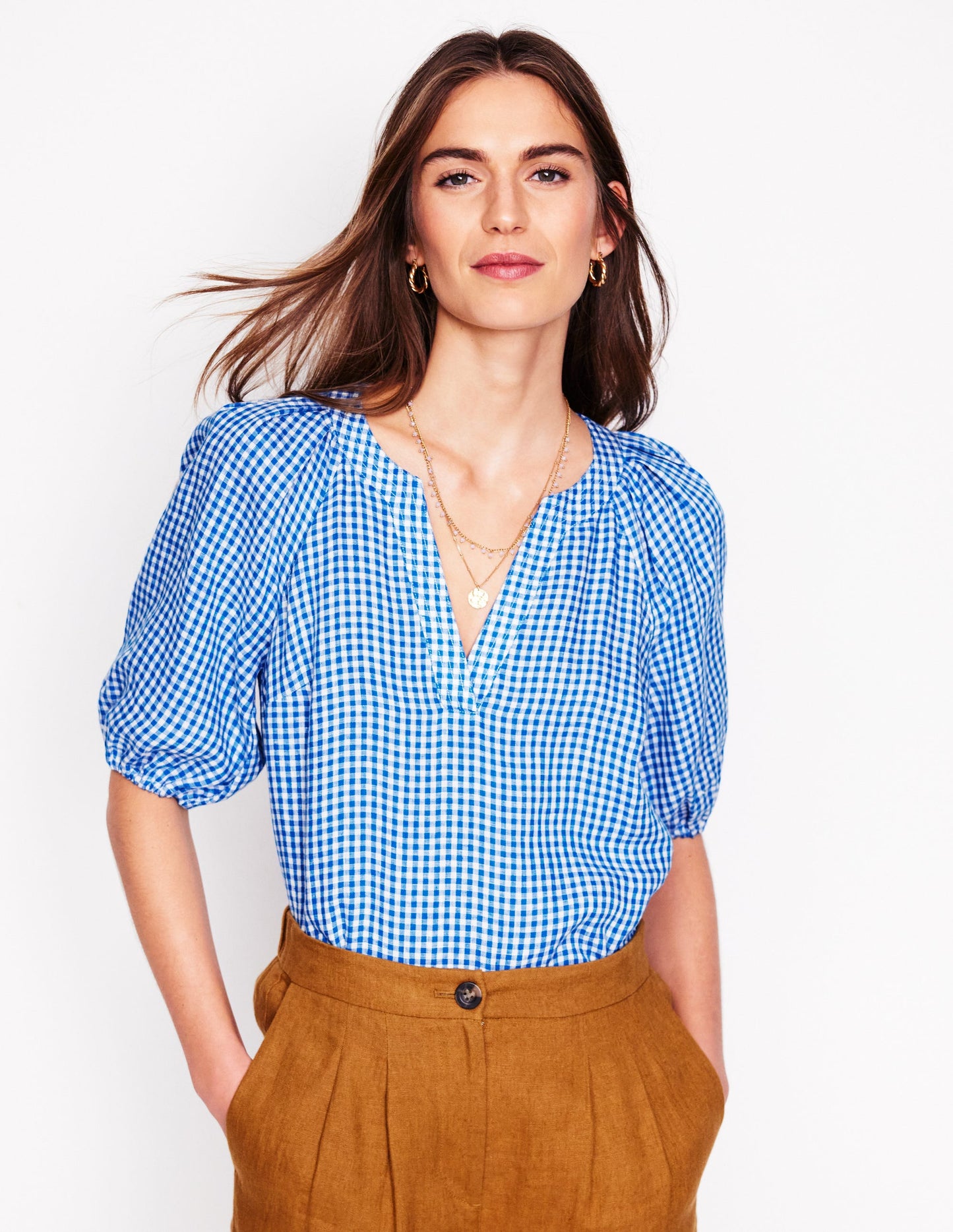 Brooke Linen Top-Kingfisher Blue Micro Gingham