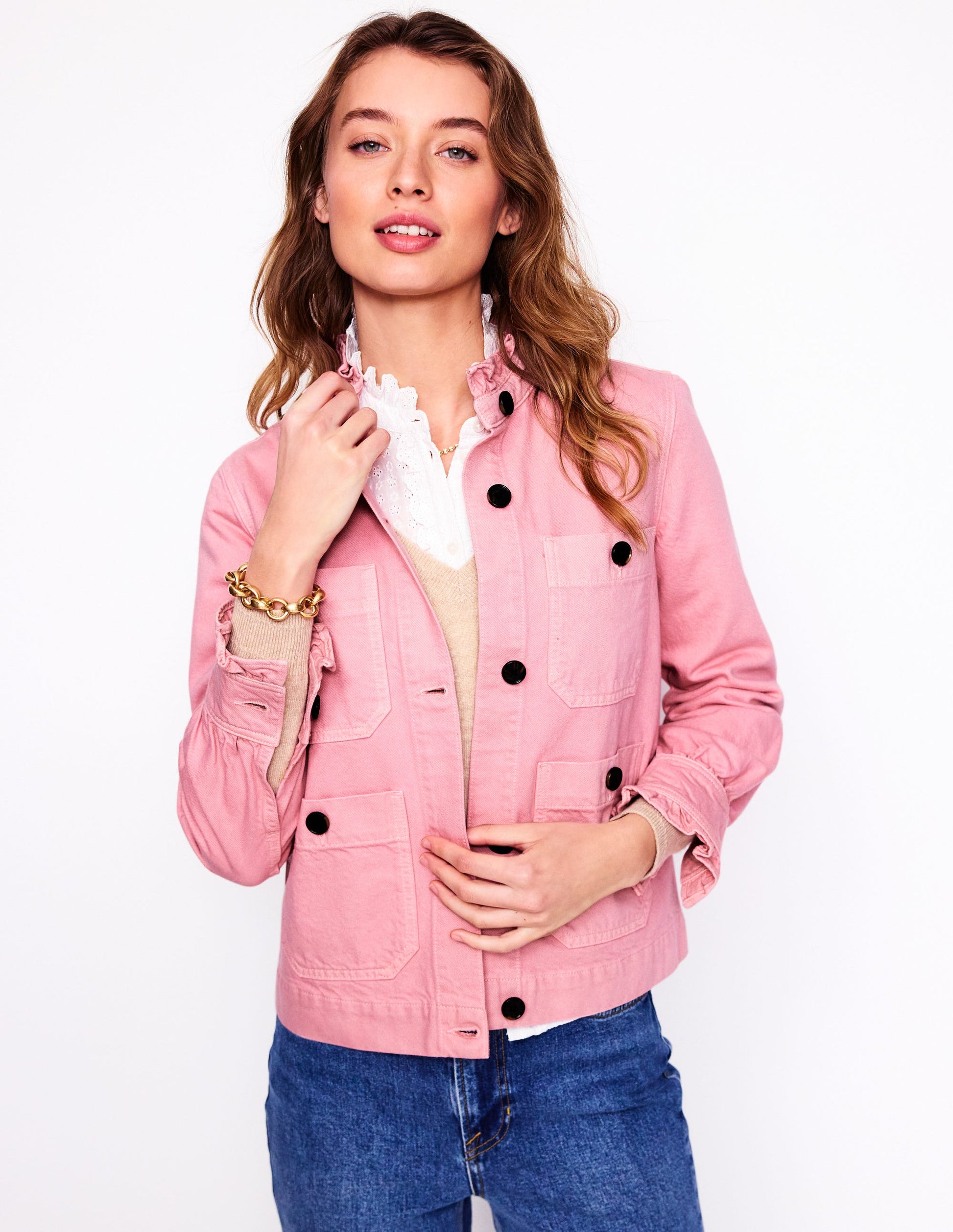 Denim Frill Collar Jacket-Almond Pink-4