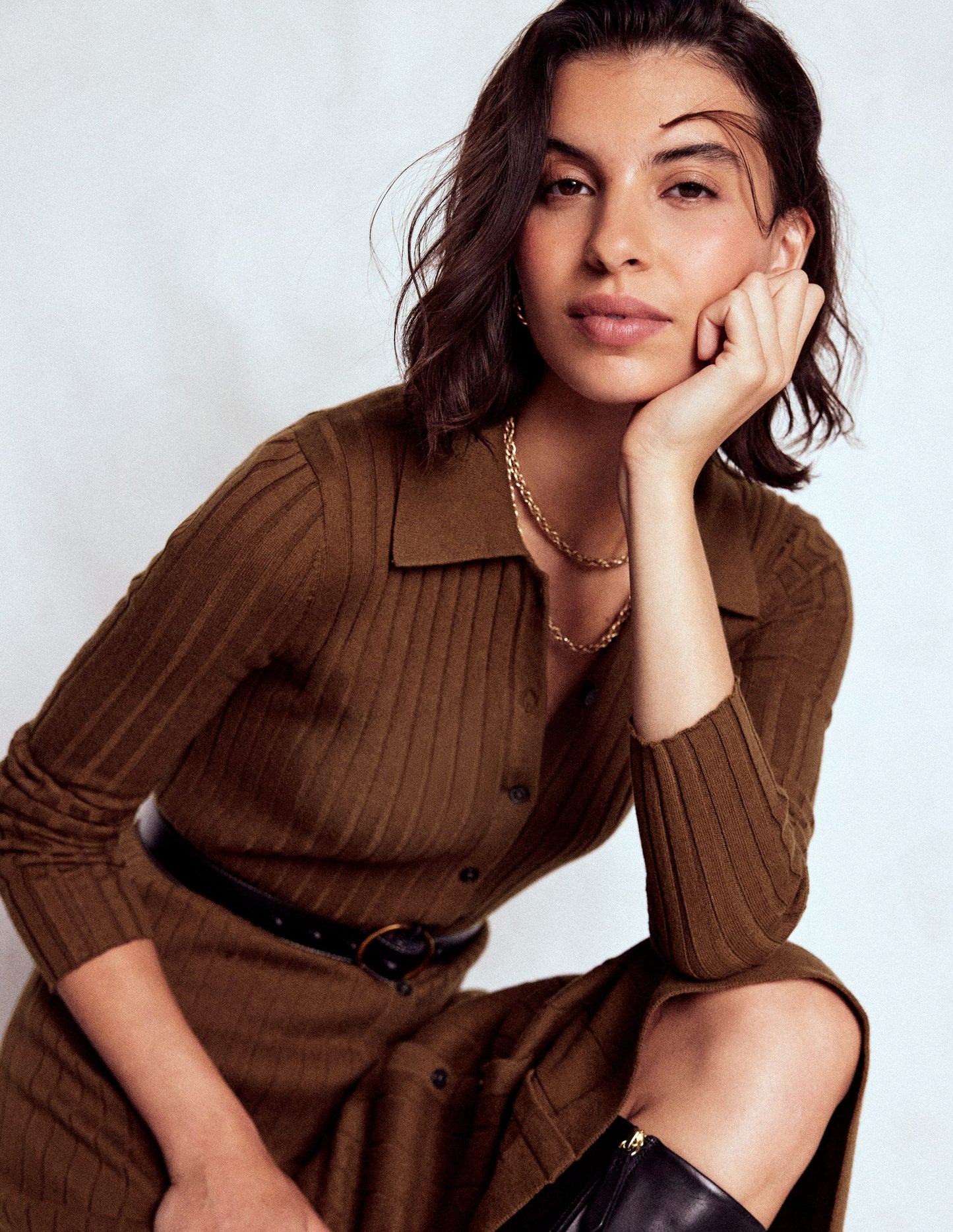 Rachel Knitted Shirt Dress-Raw Umber