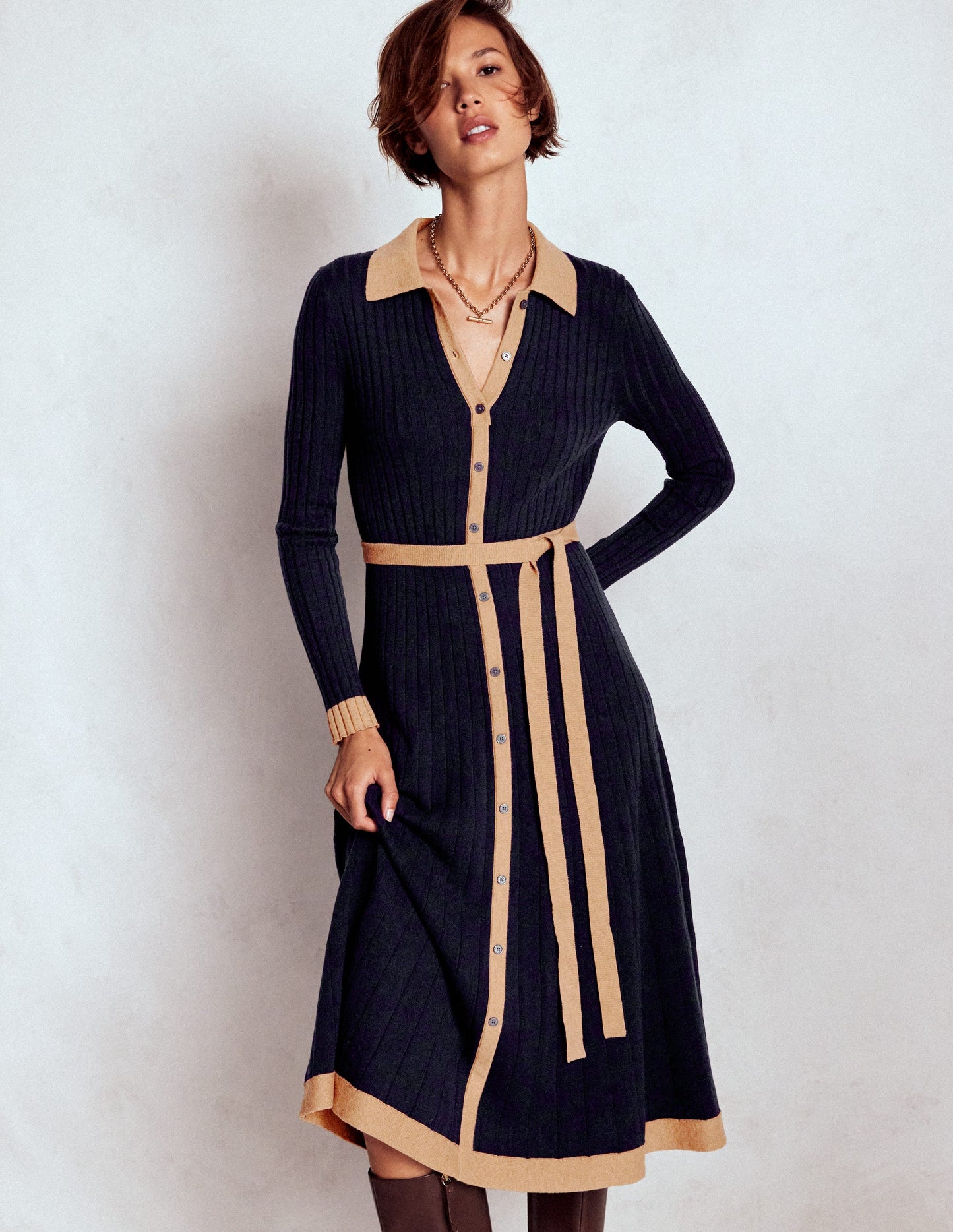Rachel Knitted Shirt Dress-Navy