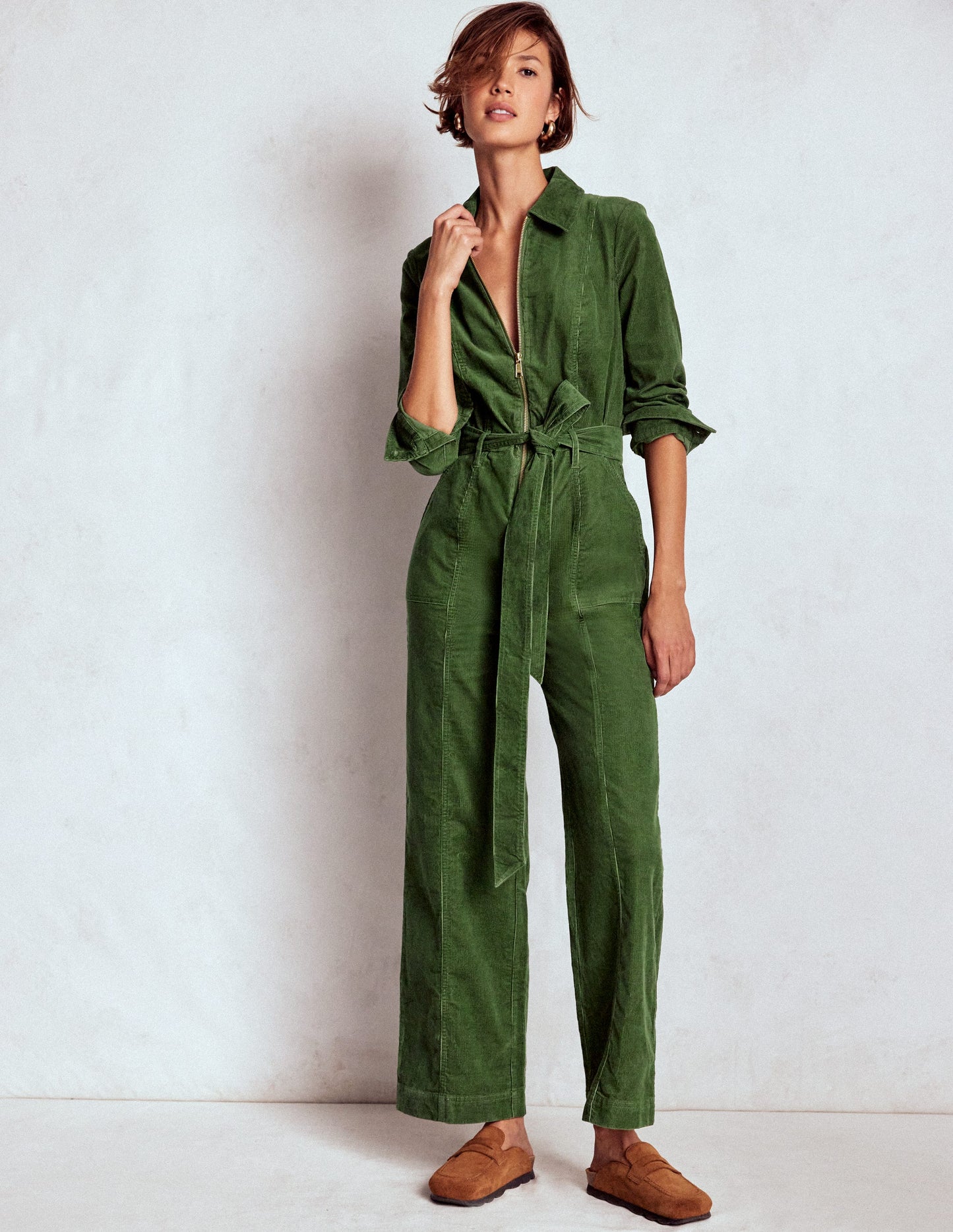 Zip Up Cord LS Jumpsuit-Fern