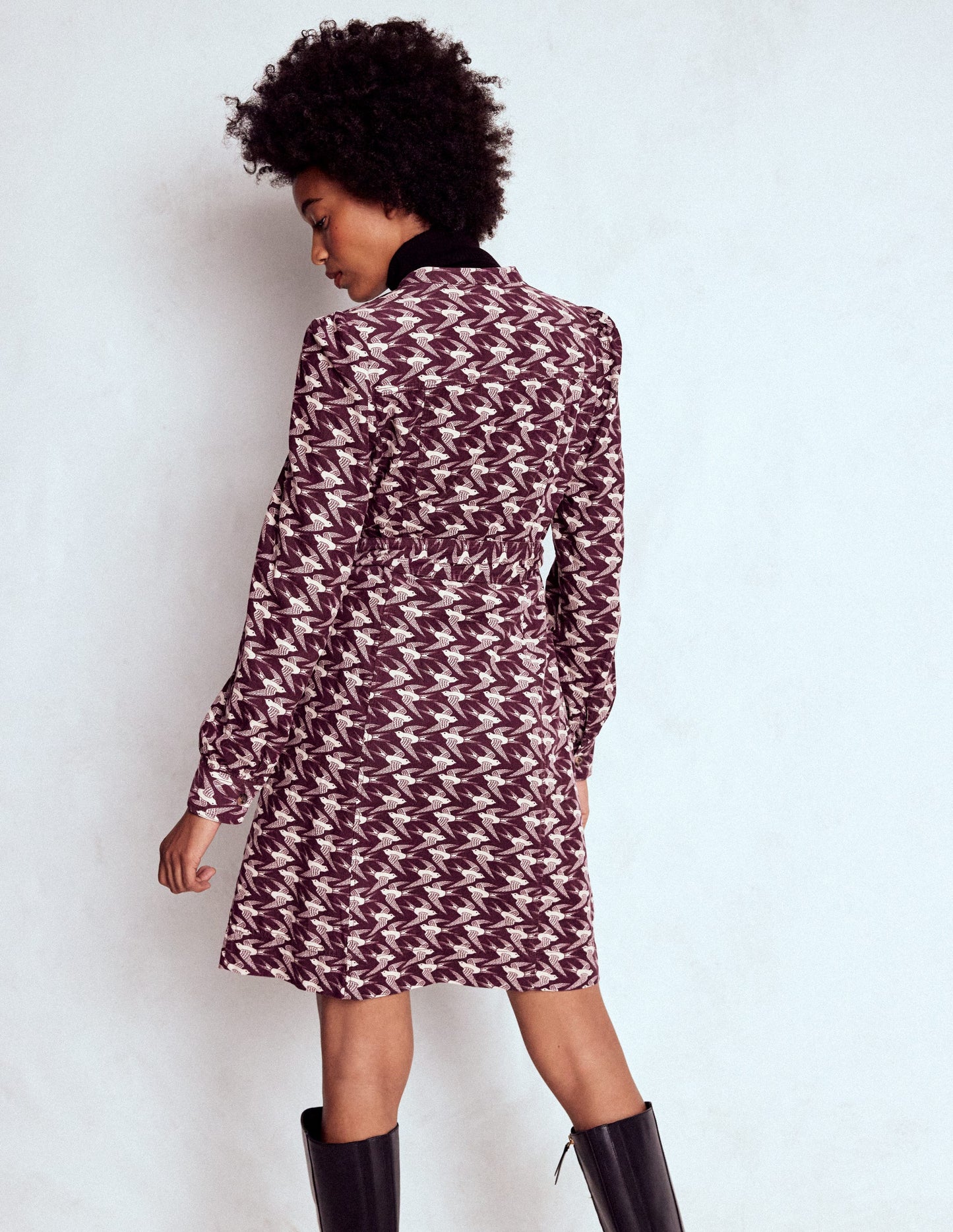 Bre Cord Short Dress-Dark Cherry, Swooping Swallow