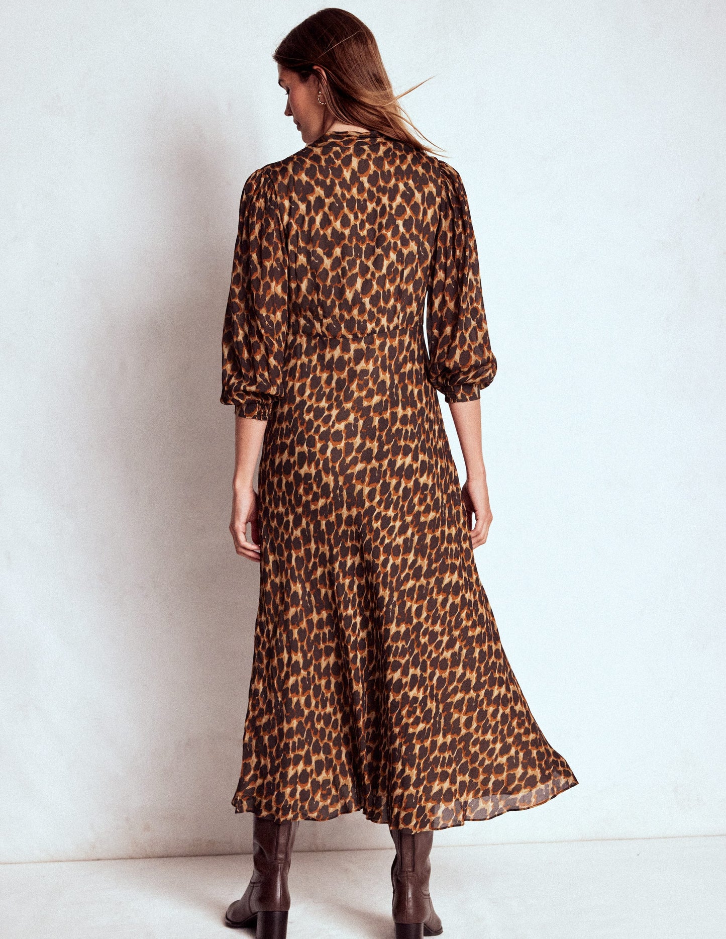Brooke Tie Neck Tea Dress-Sand, Abstract Leopard Spot