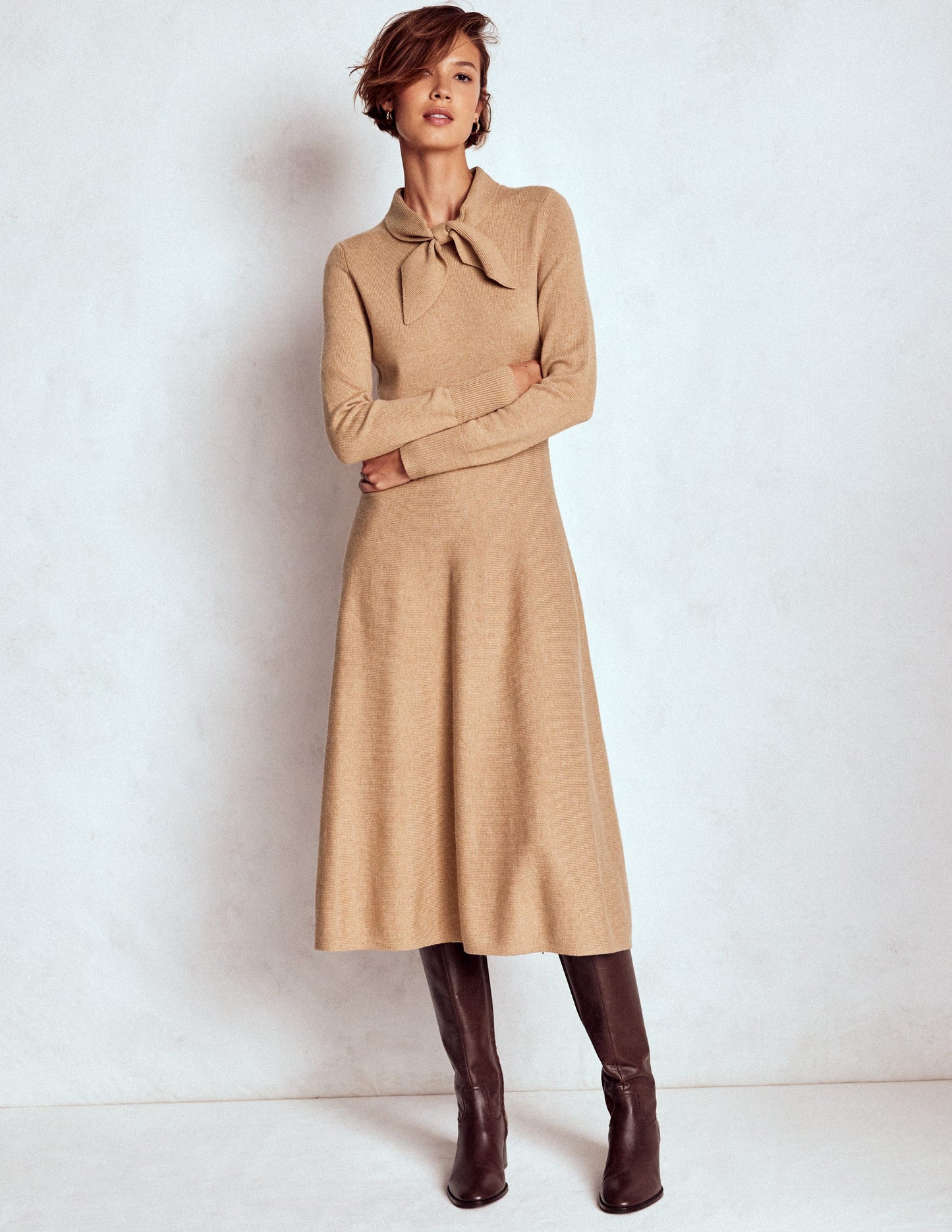 Knitted Bow Dress-Camel Melange