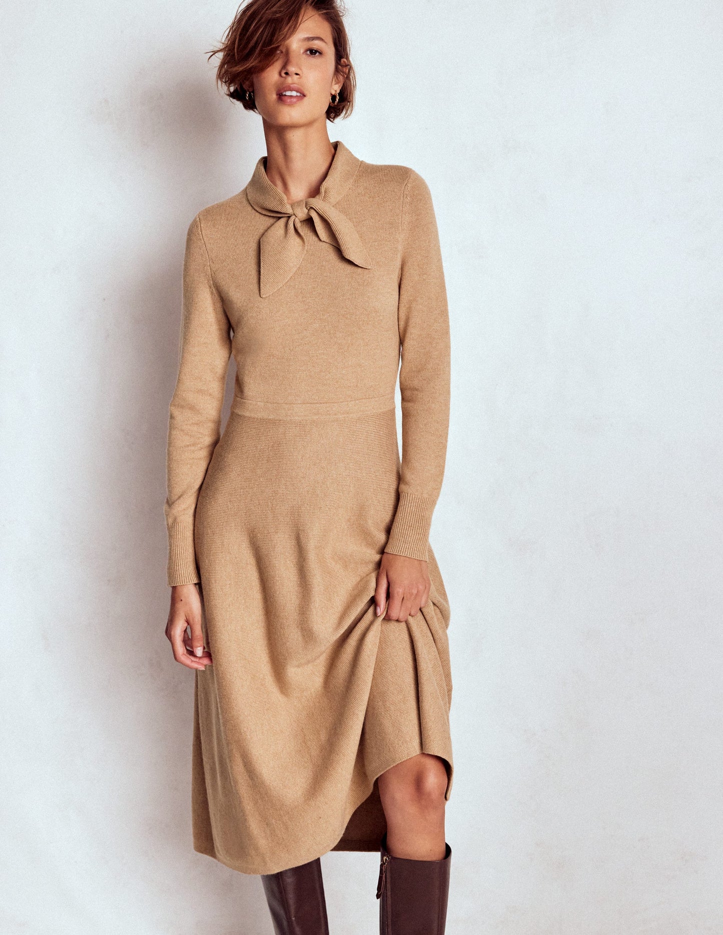 Knitted Bow Dress-Camel Melange