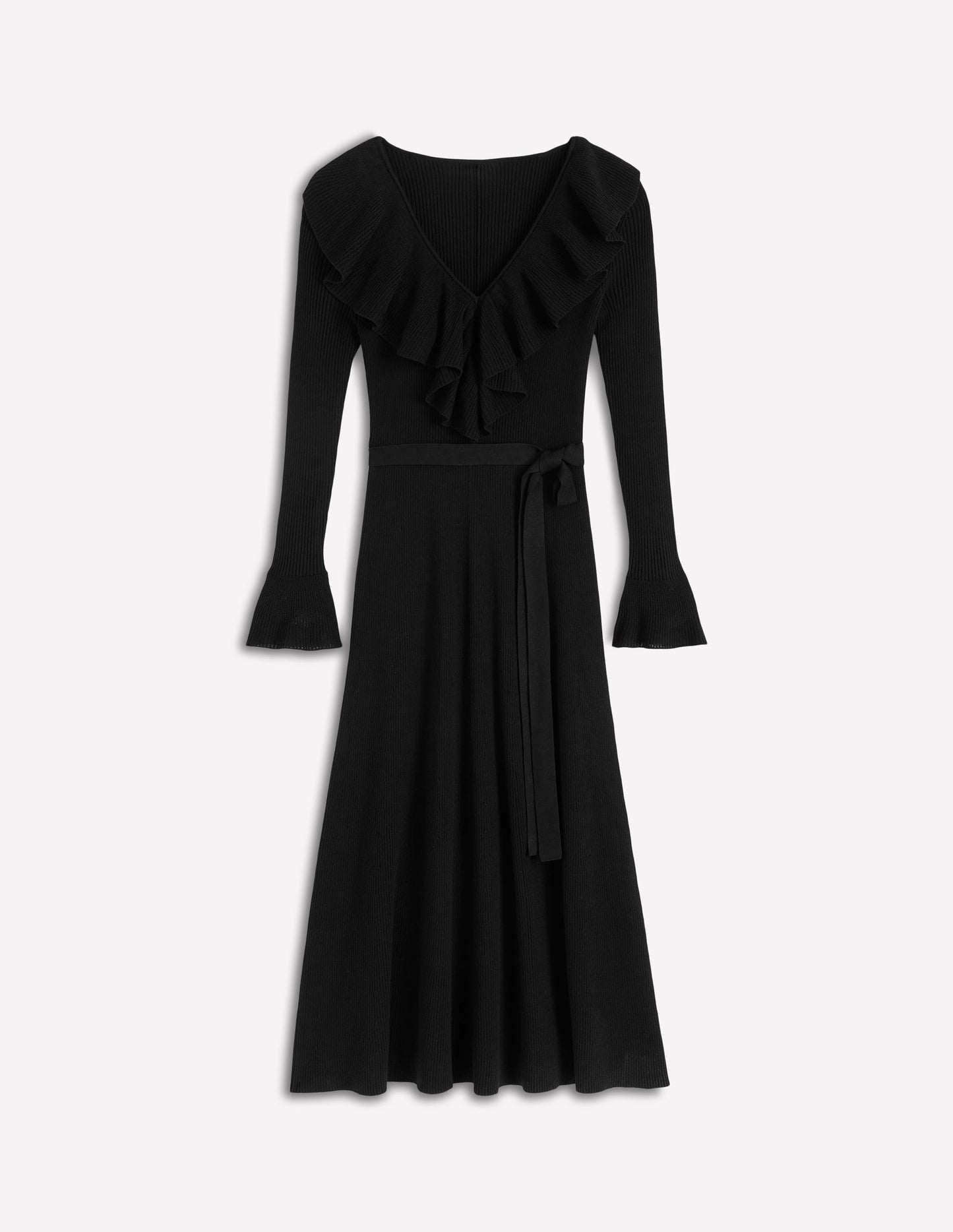Ruffled Ribbed Henley Dress-Black
