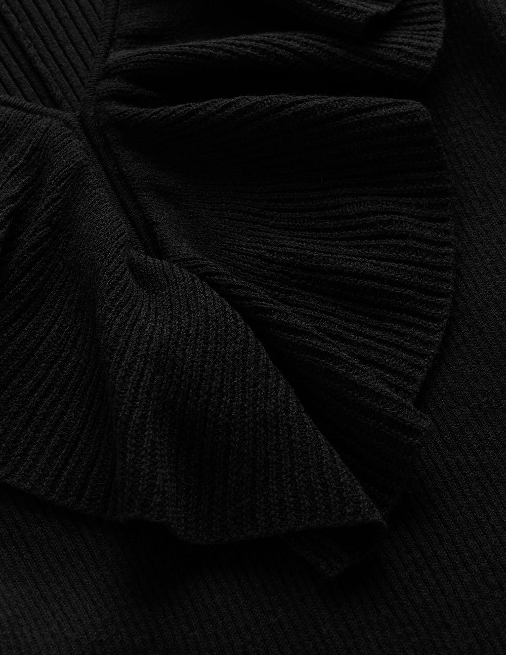 Ruffled Ribbed Henley Dress-Black