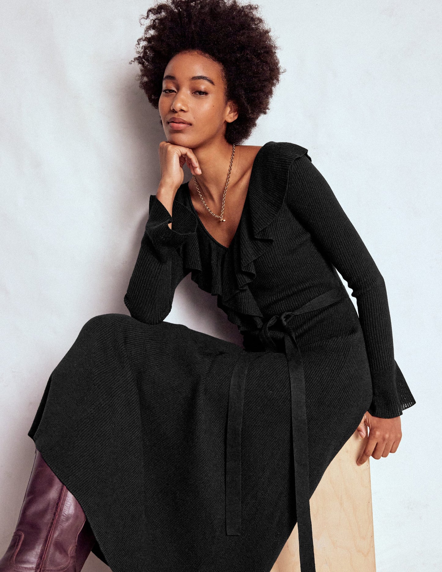 Ruffled Ribbed Henley Dress-Black
