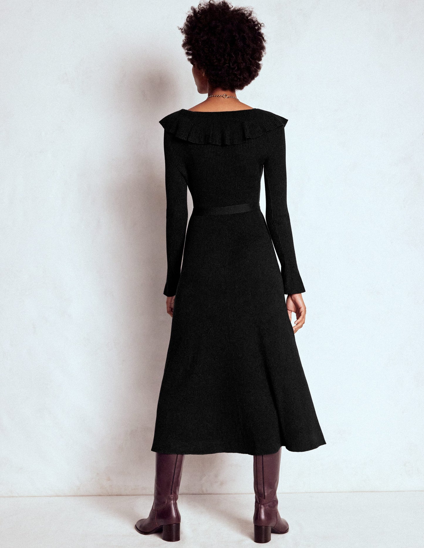 Ruffled Ribbed Henley Dress-Black