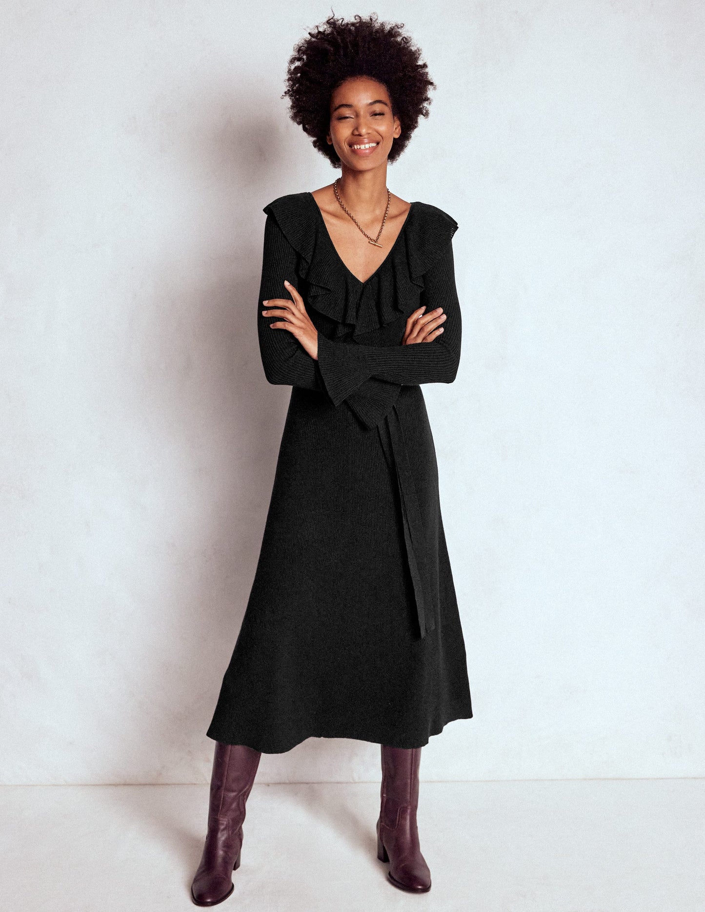 Ruffled Ribbed Henley Dress-Black