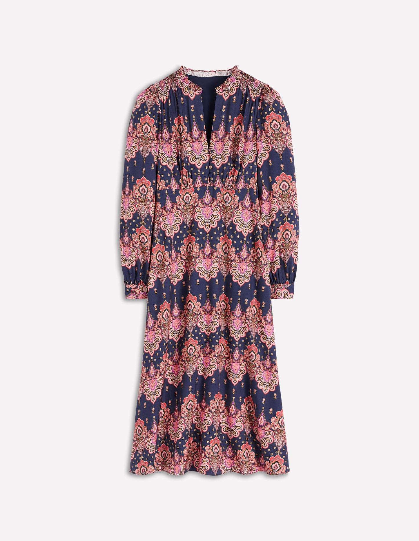 Cassie Smocked Tea Dress-Navy, Embellished Paisley