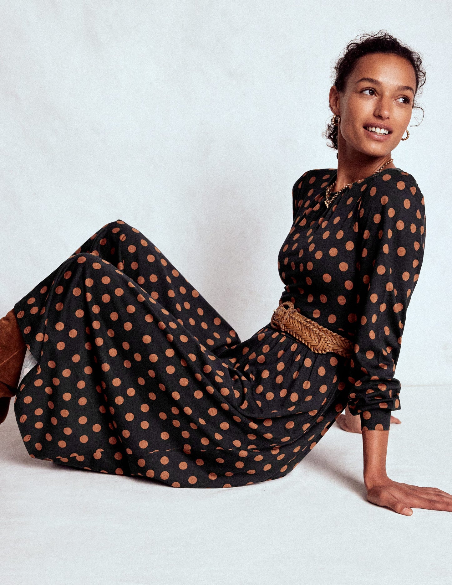 Alexandra Jersey Midi Dress-Black, Tortoise Shell Dot