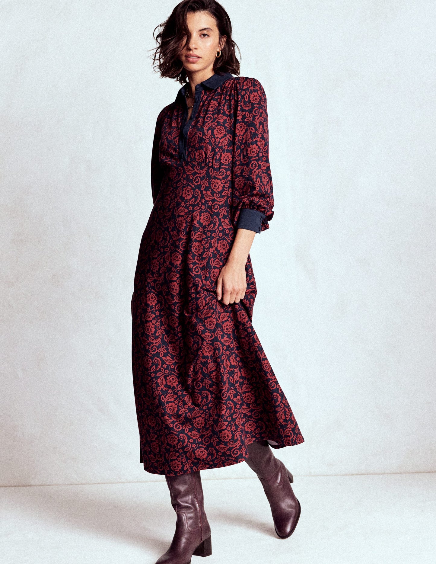 Empire Waistline Shirt Dress-Red, Ornate Flora