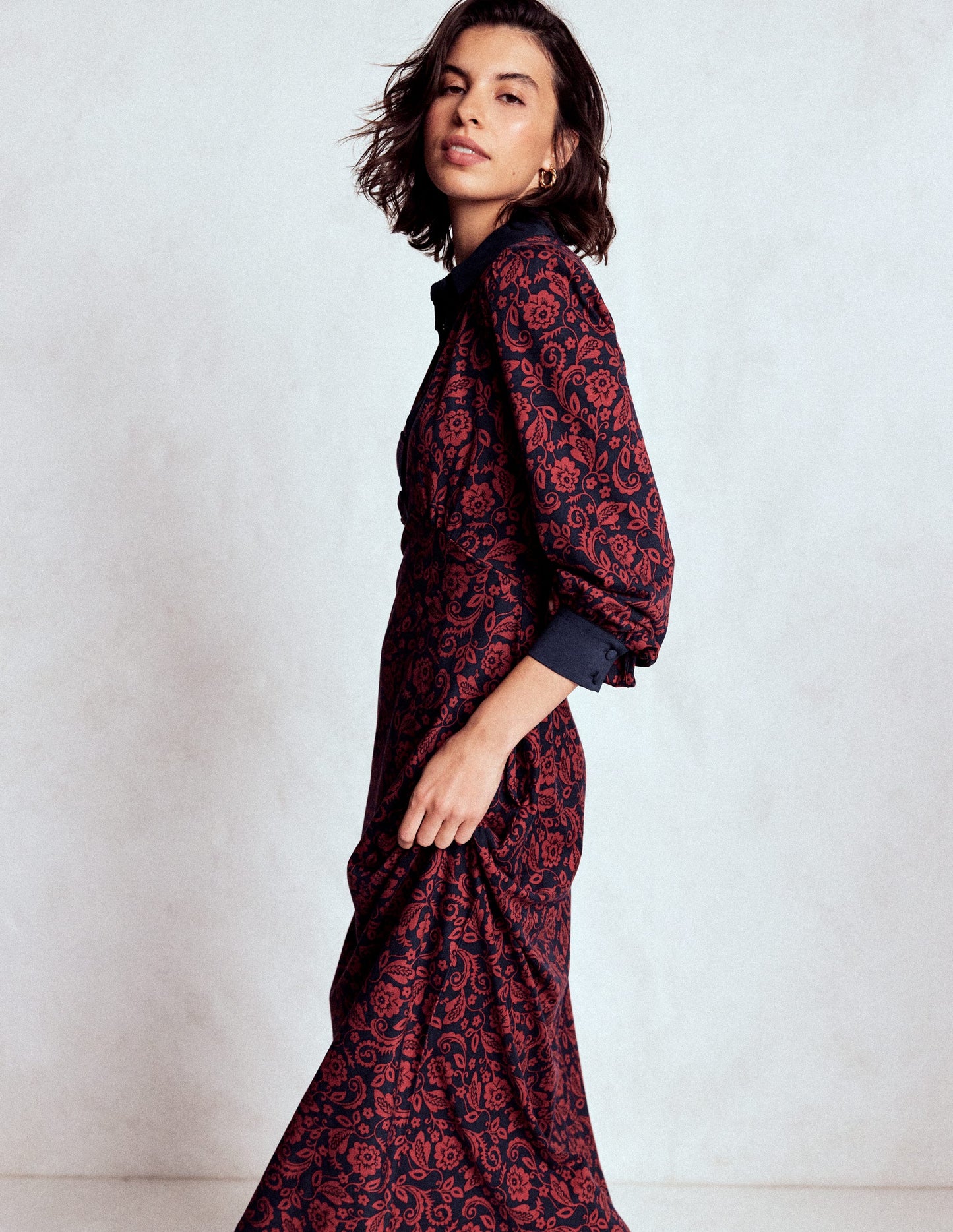 Empire Waistline Shirt Dress-Red, Ornate Flora