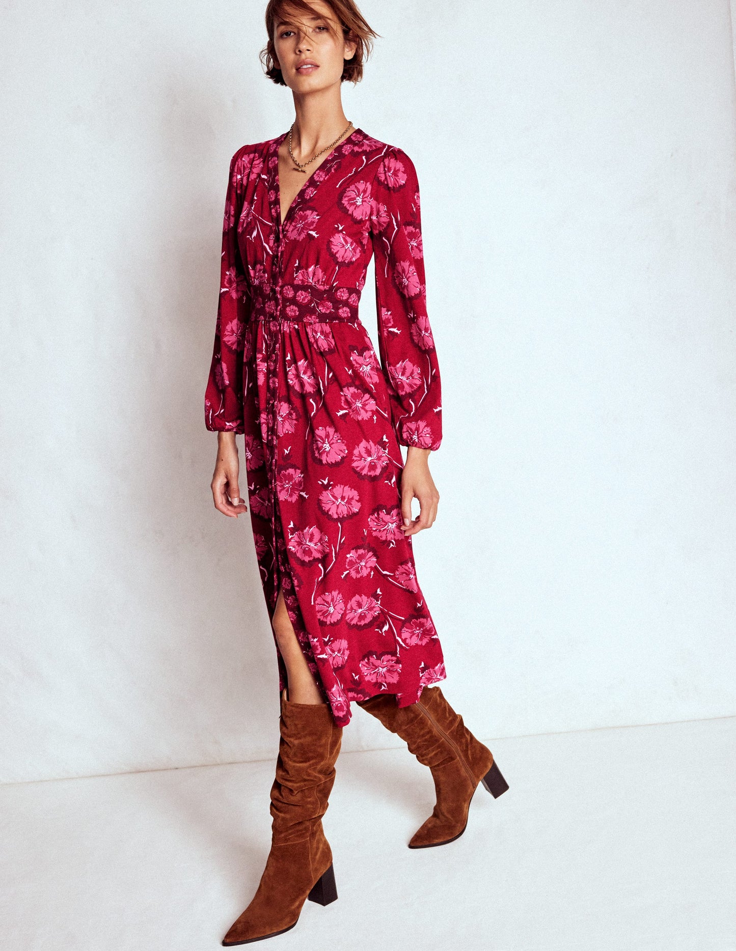 Natalia Long Sleeve Tea Dress-Red, Delicate Carnation