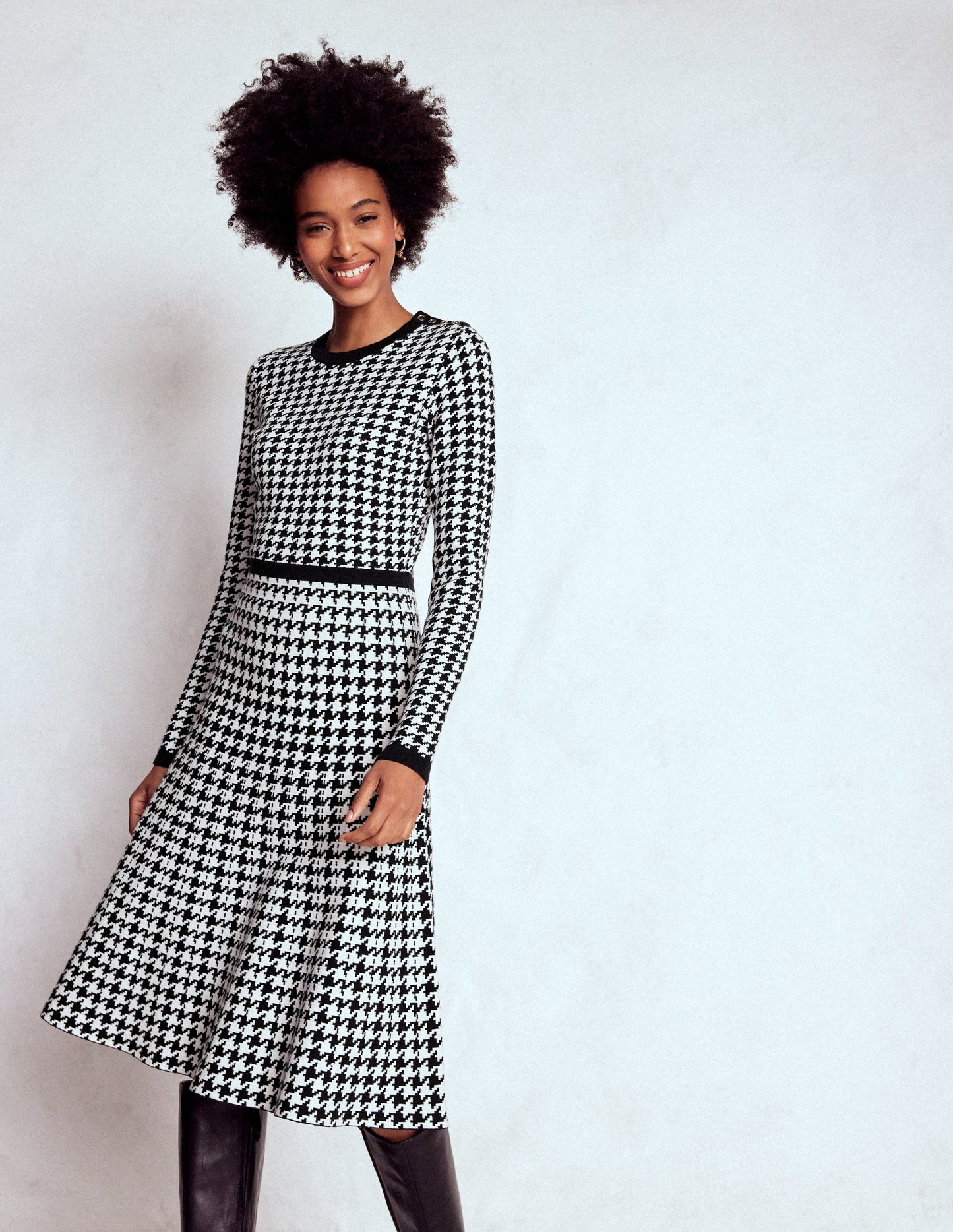 Maria Button Knitted Dress-Black and Ivory Dogstooth