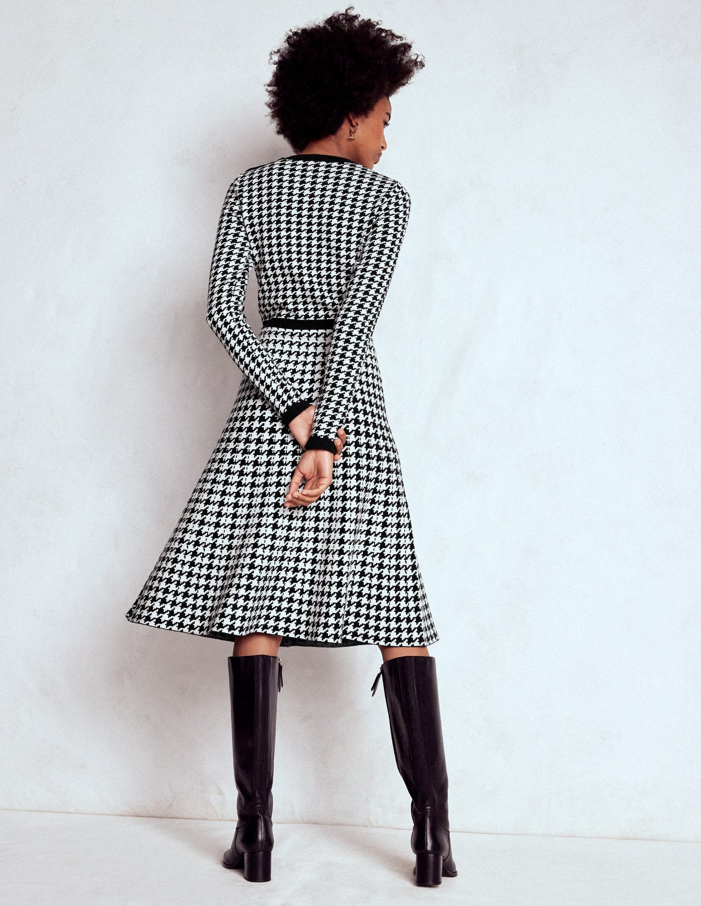 Maria Button Knitted Dress-Black and Ivory Dogstooth