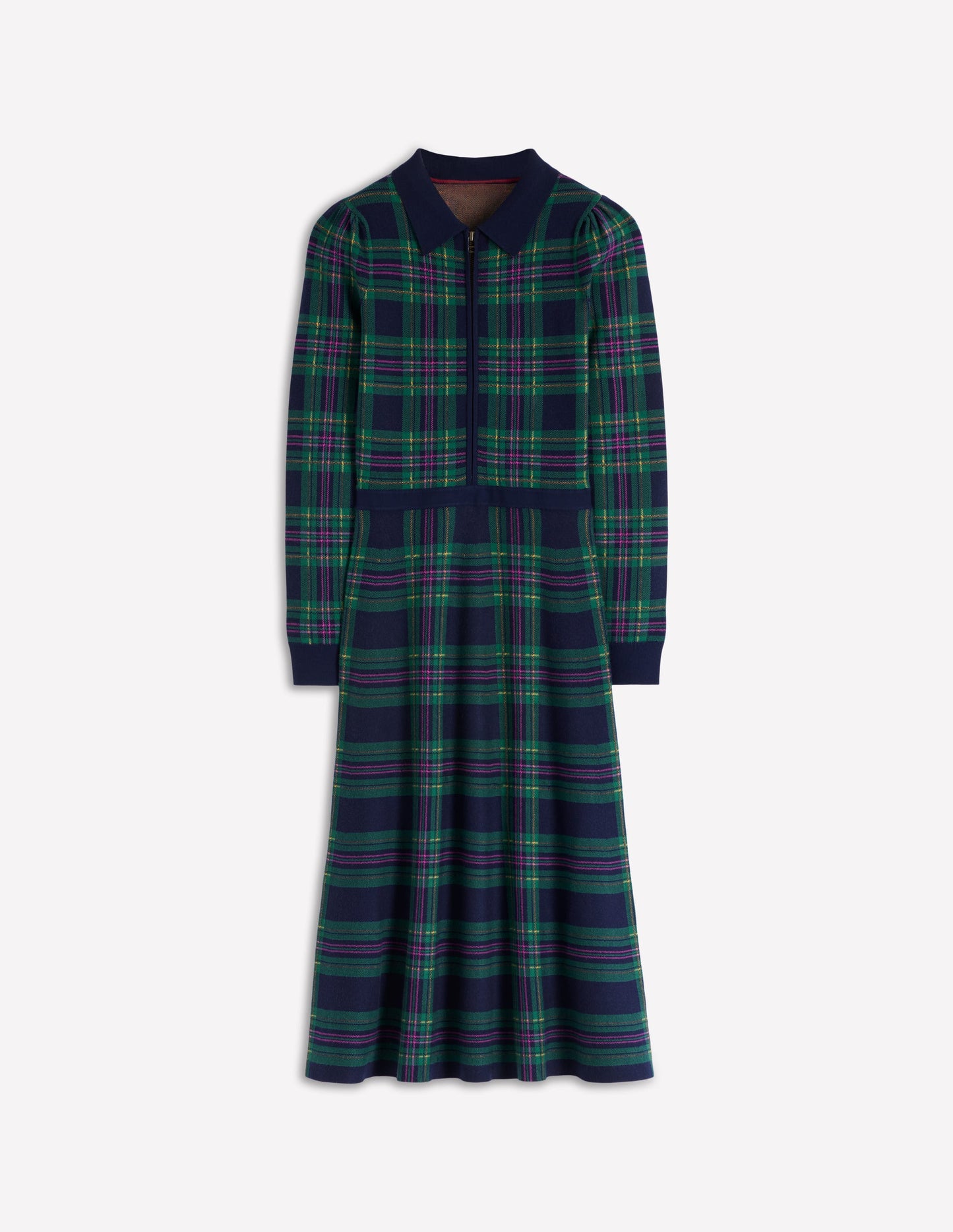Fiona Zip Front Knitted Dress-Green Check
