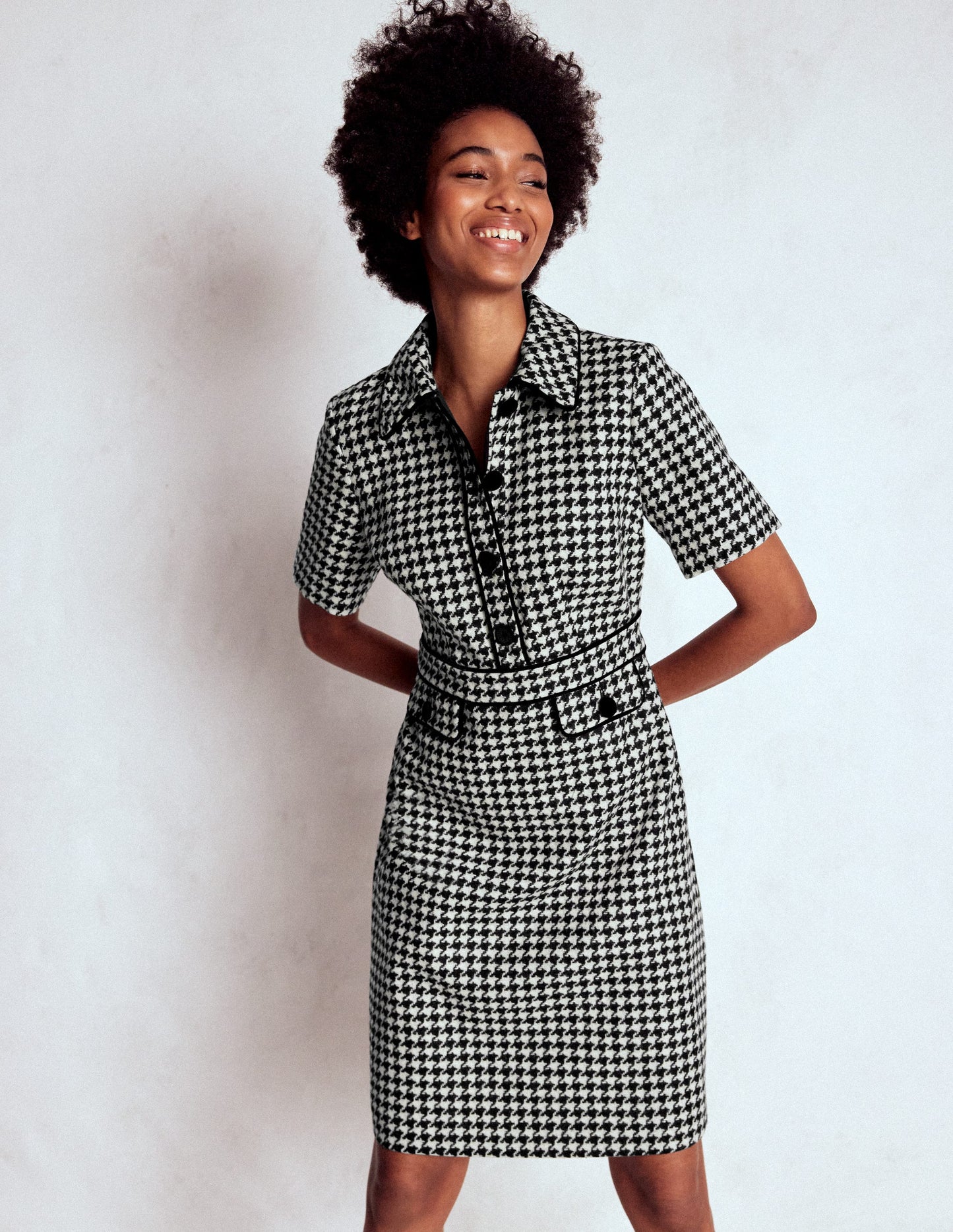 Eda Wool Shift Dress-Black Dogstooth
