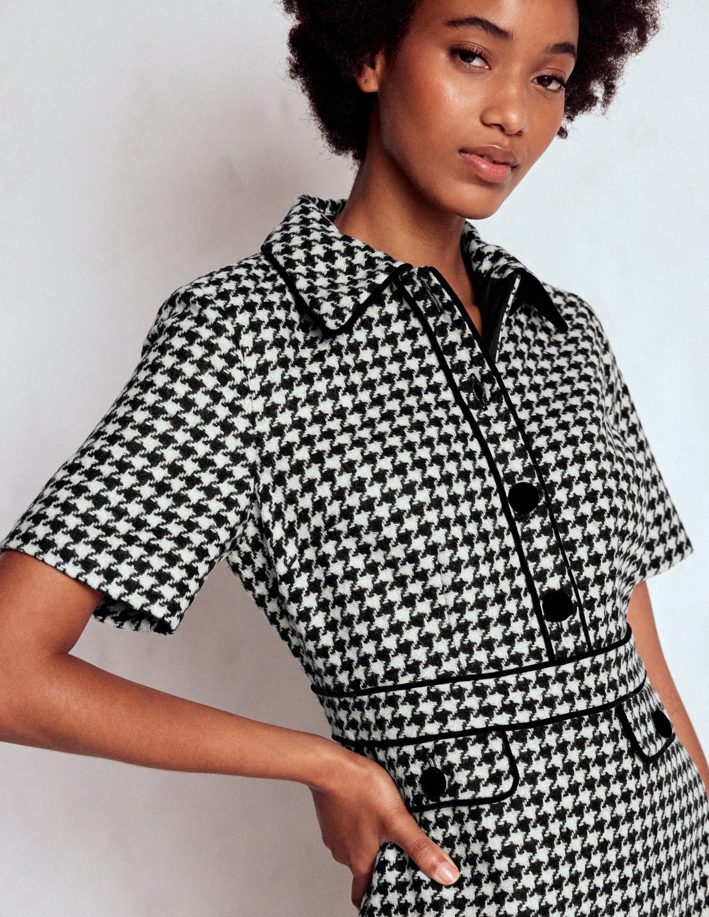 Eda Wool Shift Dress-Black Dogstooth