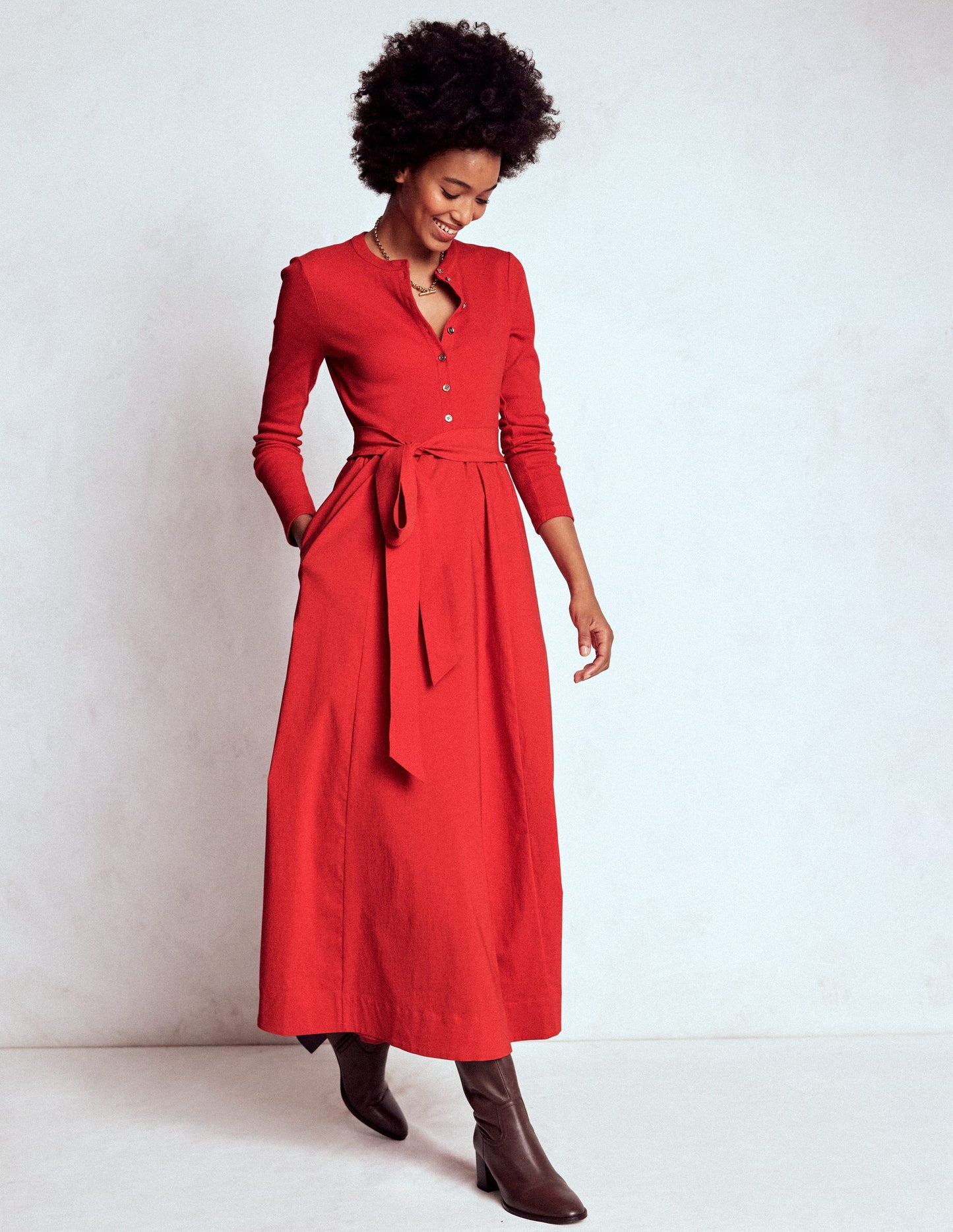 Button Detail Mix Dress-Crimson Red