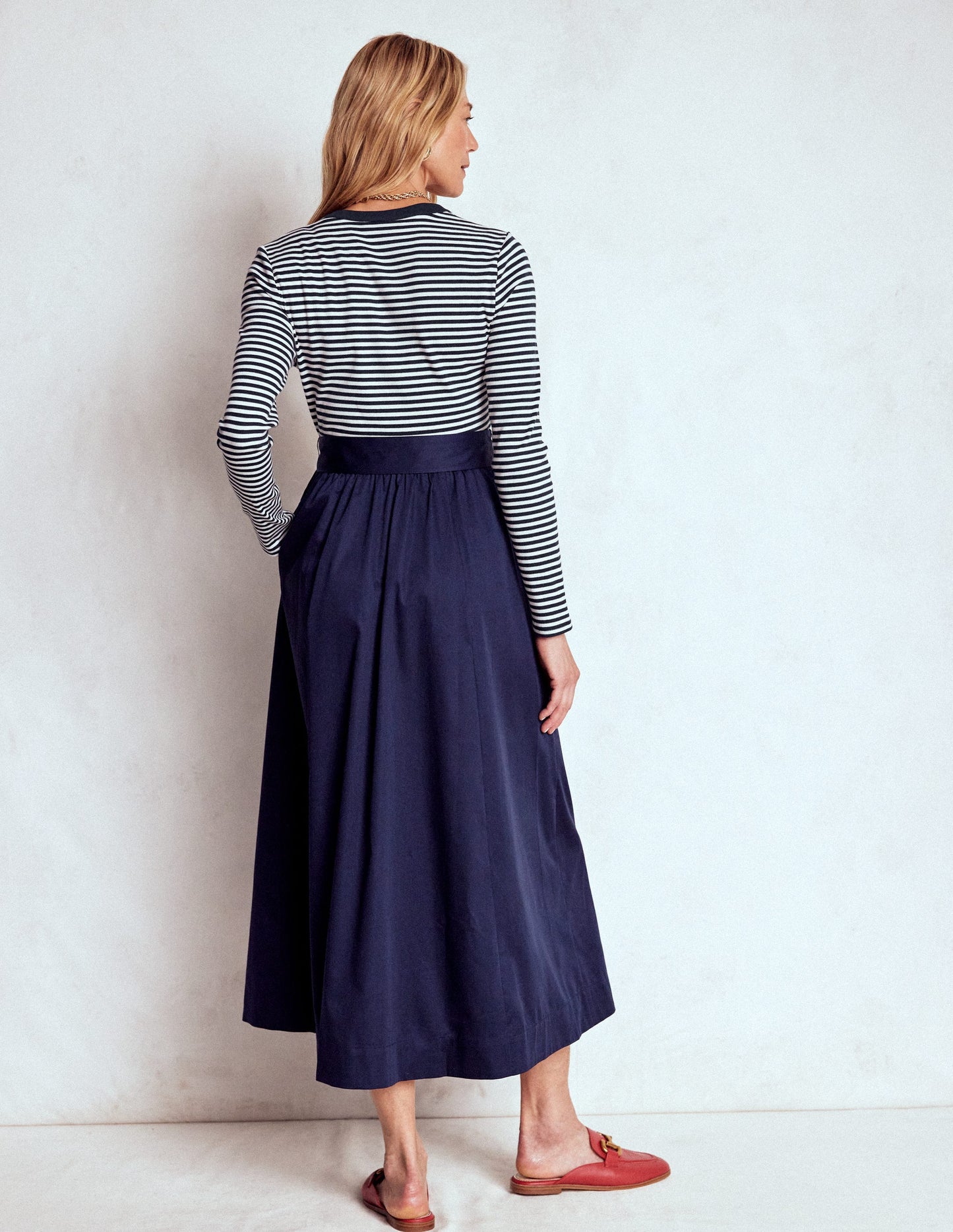 Button Detail Mix Dress-Navy Stripe