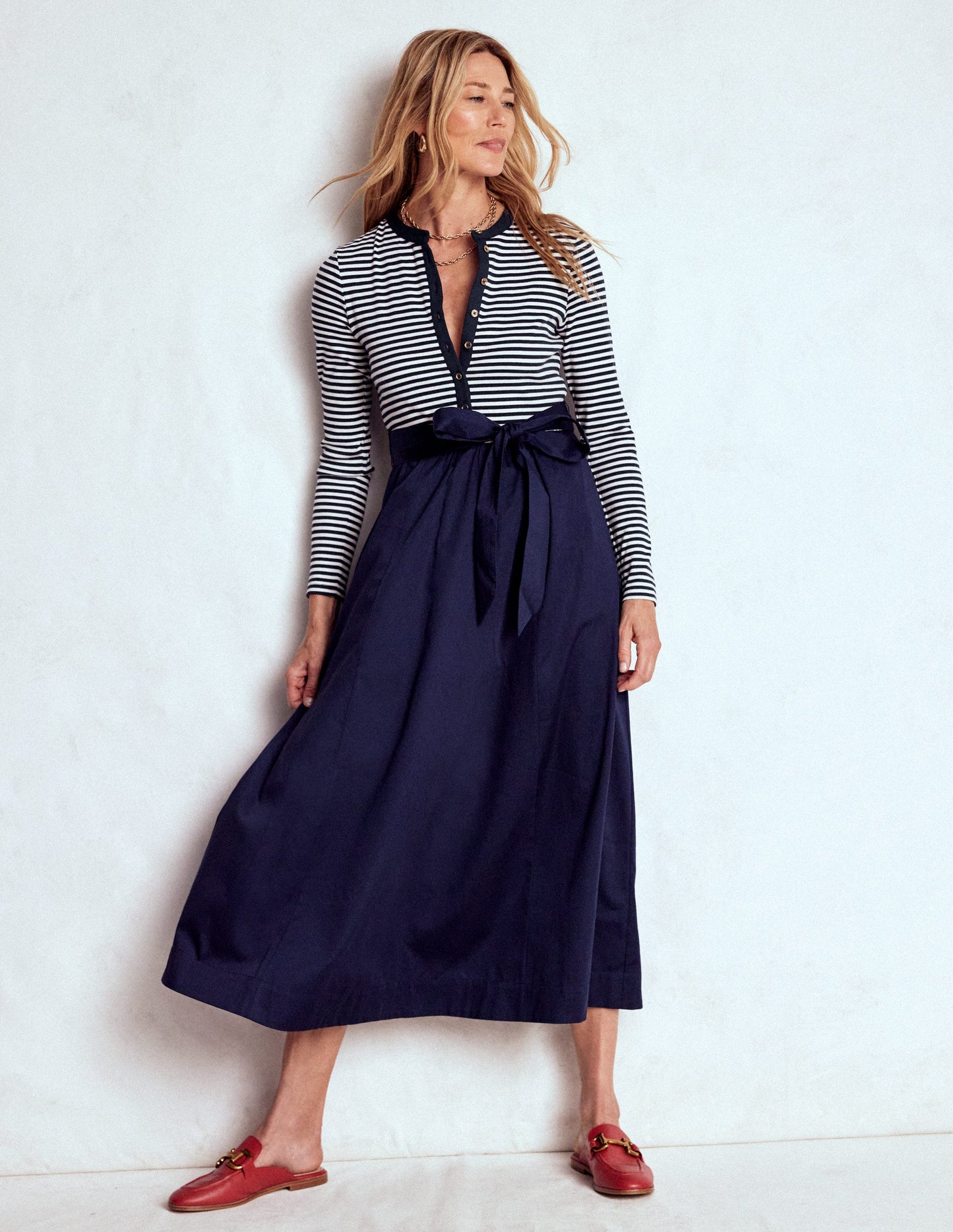 Button Detail Mix Dress-Navy Stripe