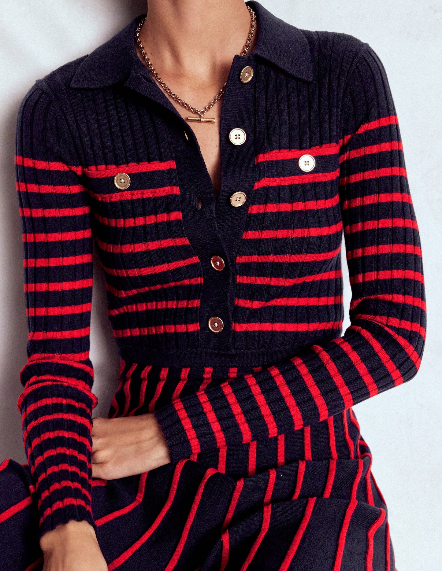 Brönte Knitted Rib Shirt Dress-Navy and Red Stripe