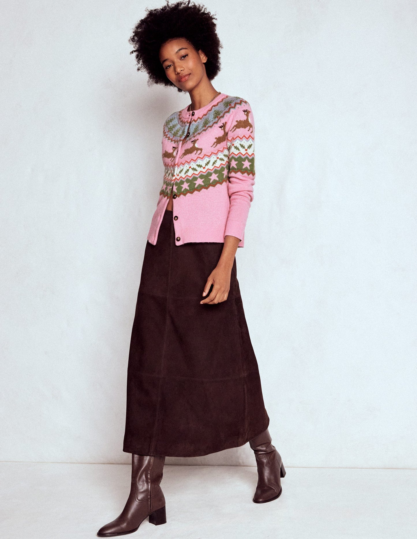 Edie Fair Isle Cardigan-Pink, Reindeer
