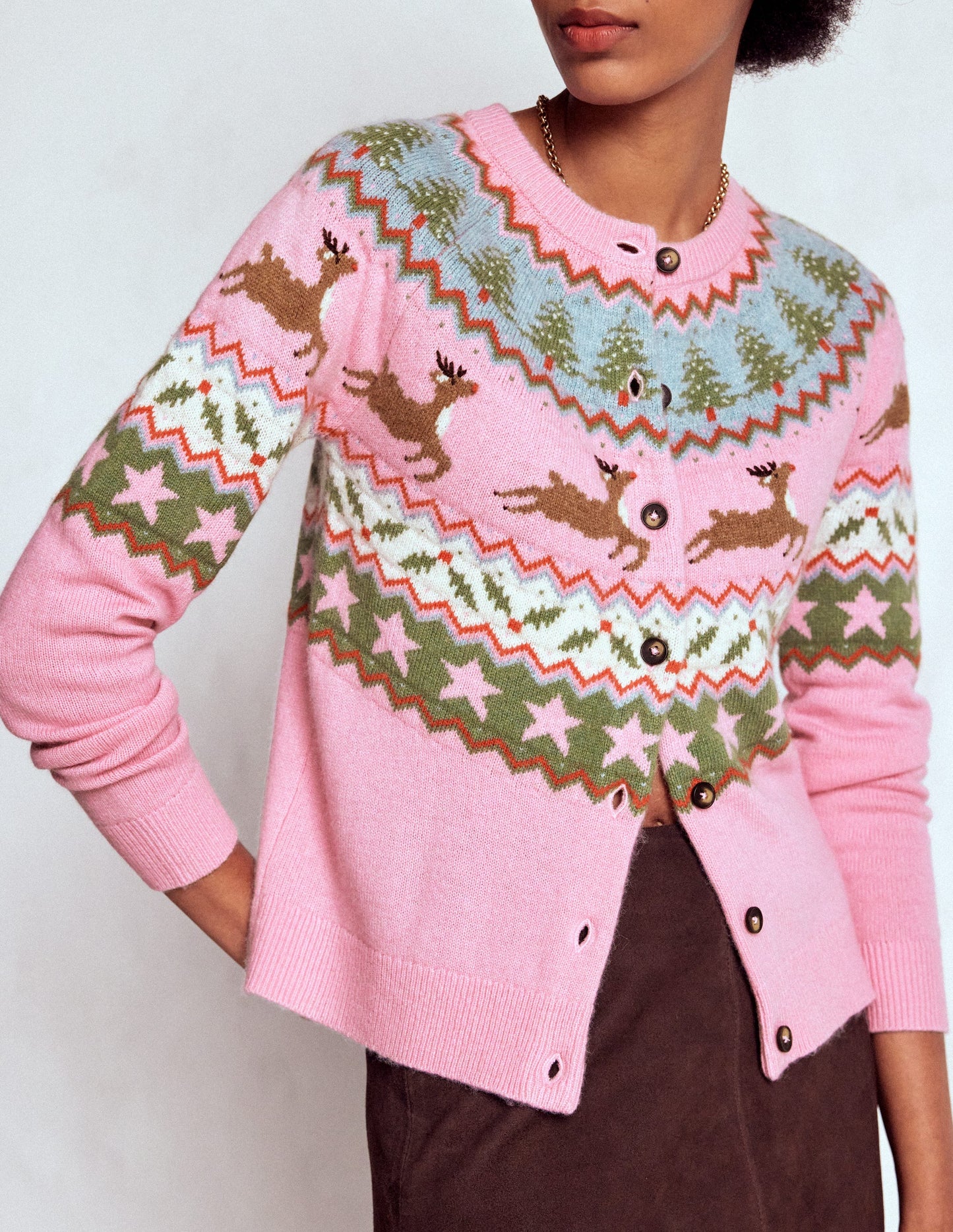 Edie Fair Isle Cardigan-Pink, Reindeer