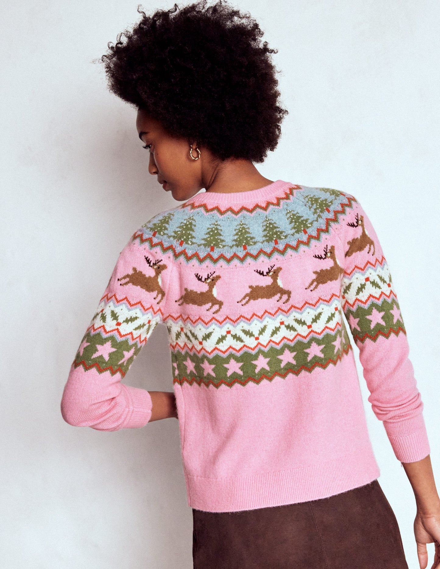 Edie Fair Isle Cardigan-Pink, Reindeer