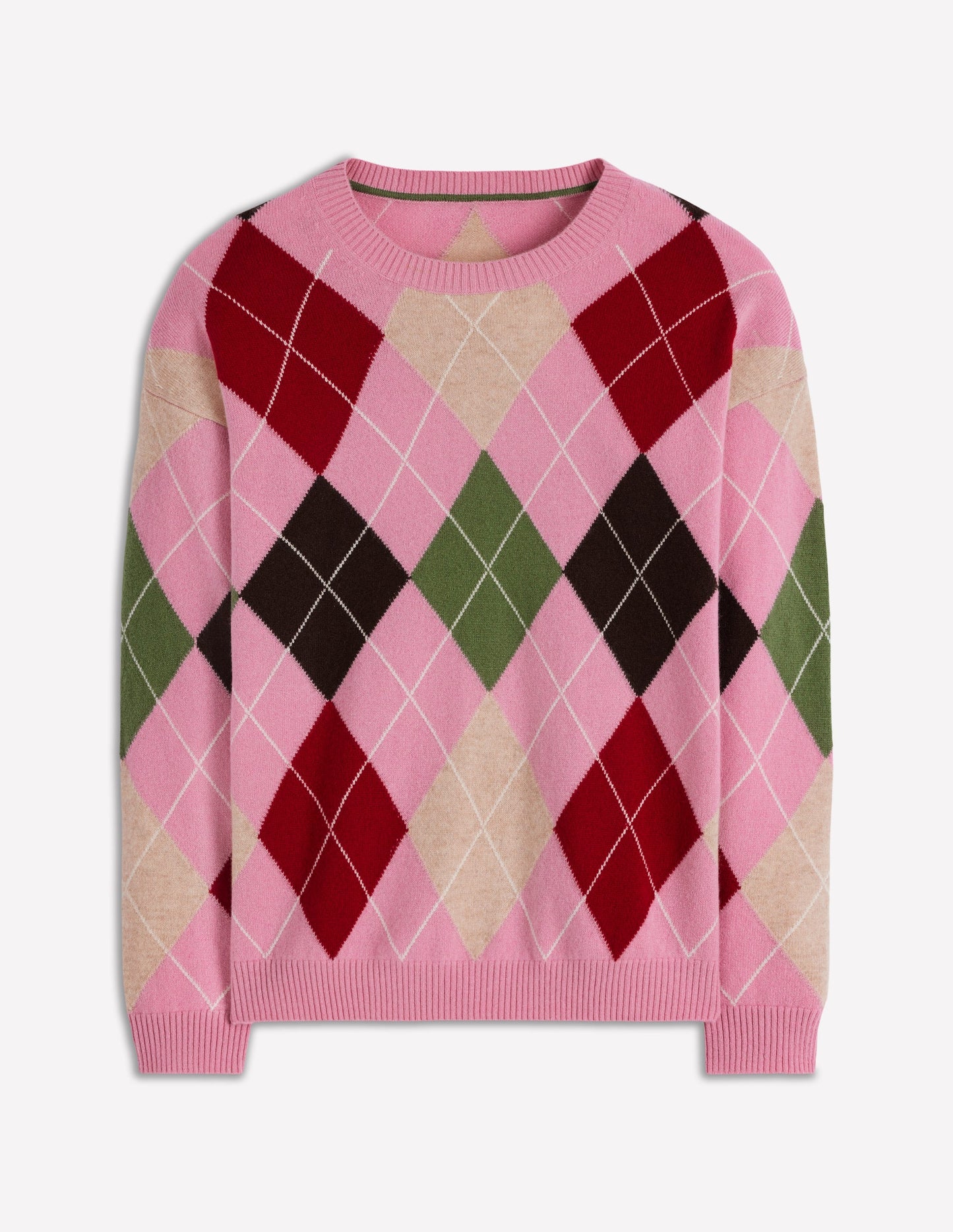 Lydia Cashmere Jumper-Pink, Brown and Green Argyle