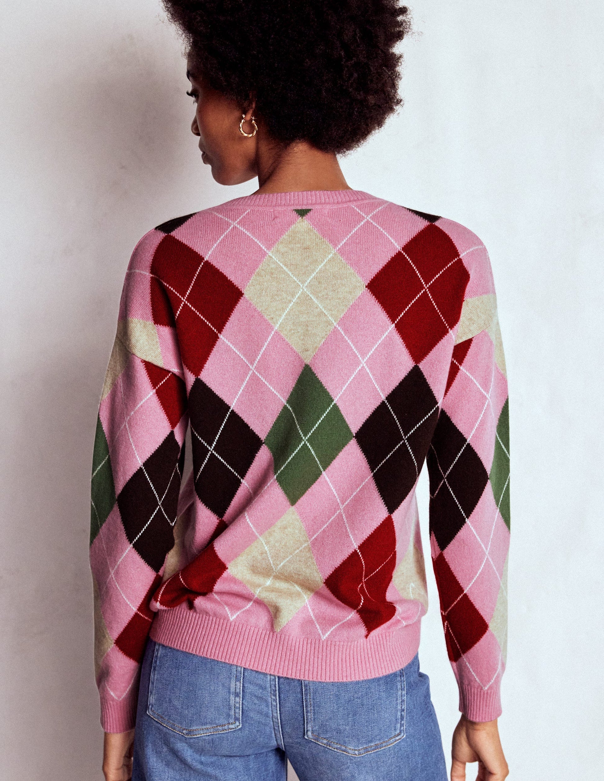 Lydia Cashmere Jumper-Pink, Brown and Green Argyle-3