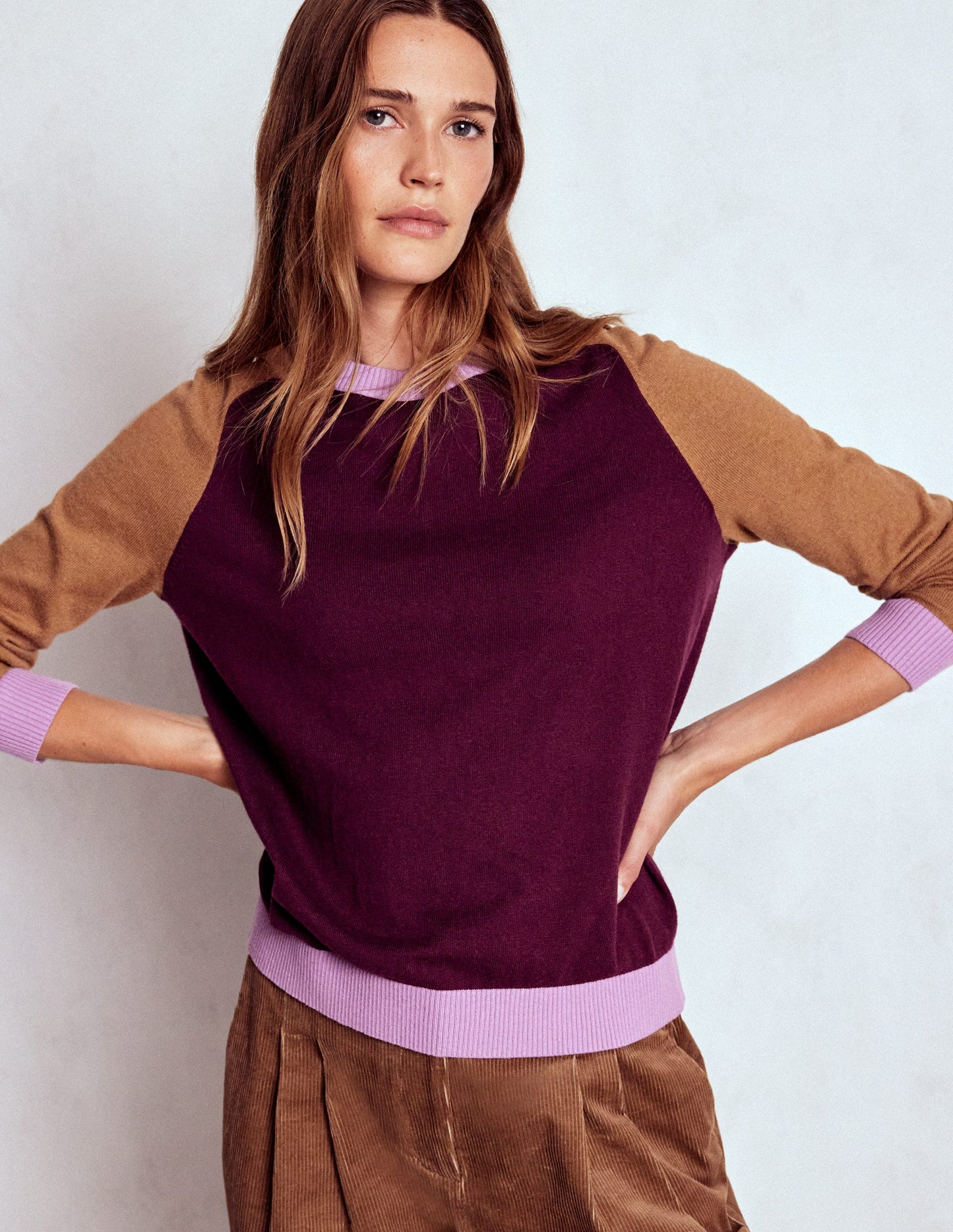 Meg Raglan Sleeve Jumper-Plum Jam, Colour Block